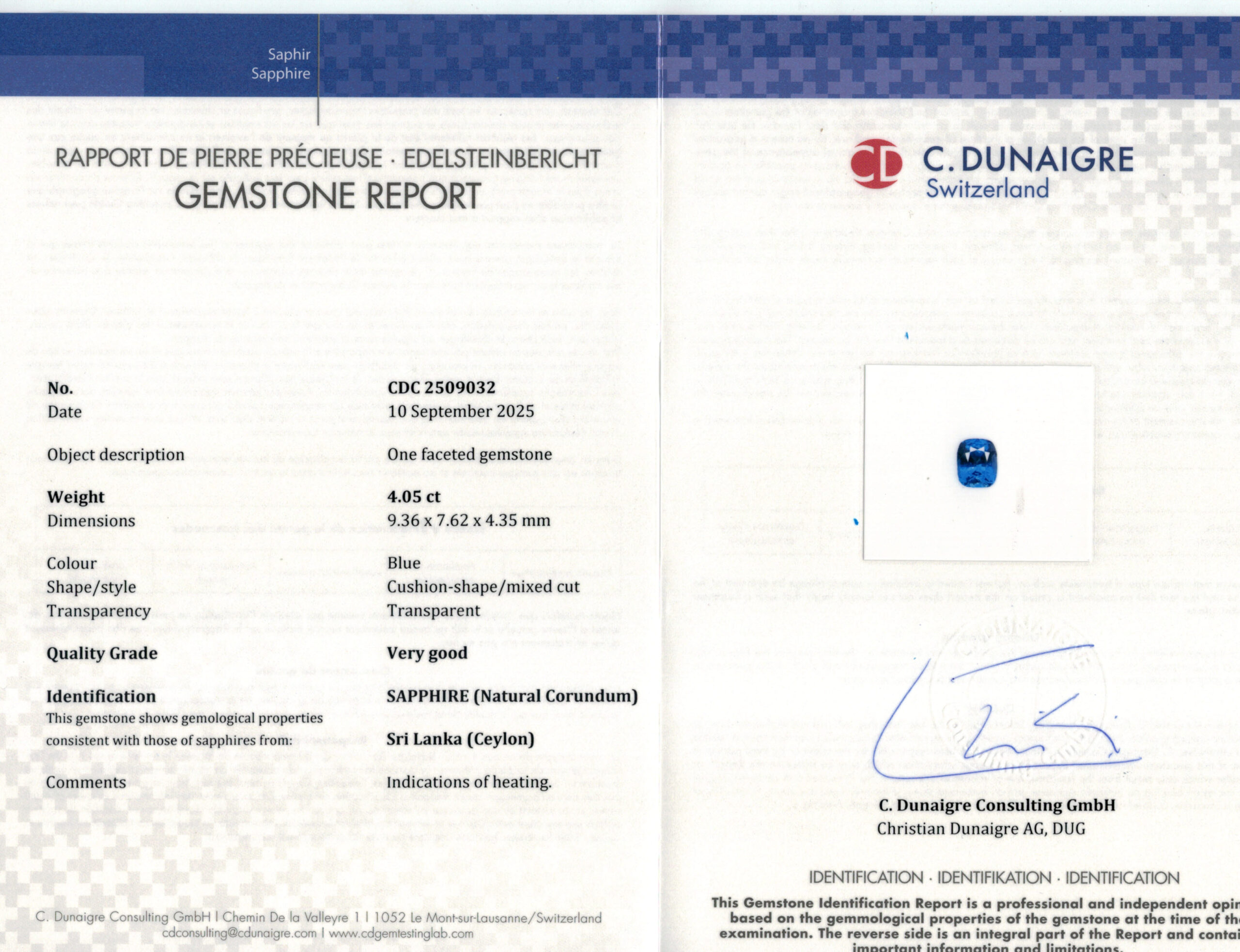 9.36X7.62MM ANTIQUE CUSHION  SRI LANKA SAPPHIRE 4.05CT