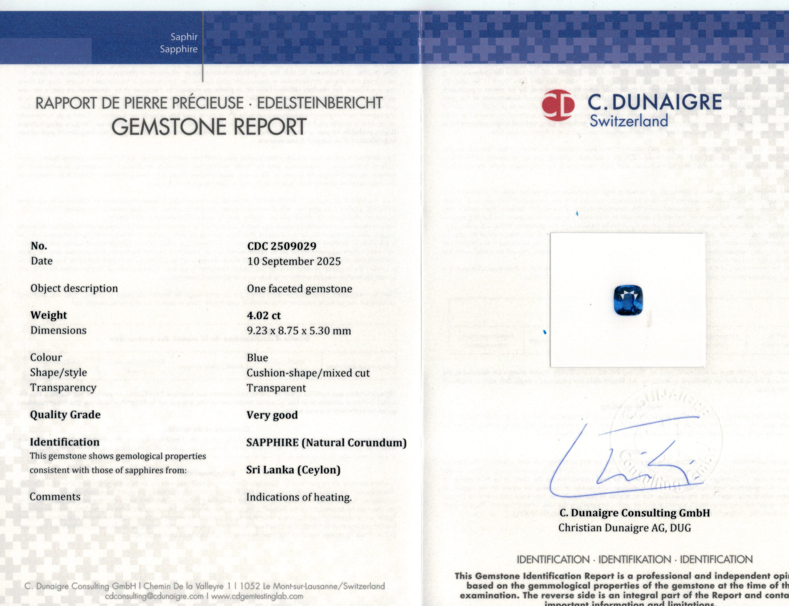 9.23X8.75MM ANTIQUE CUSHION  SRI LANKA SAPPHIRE 4.02CT