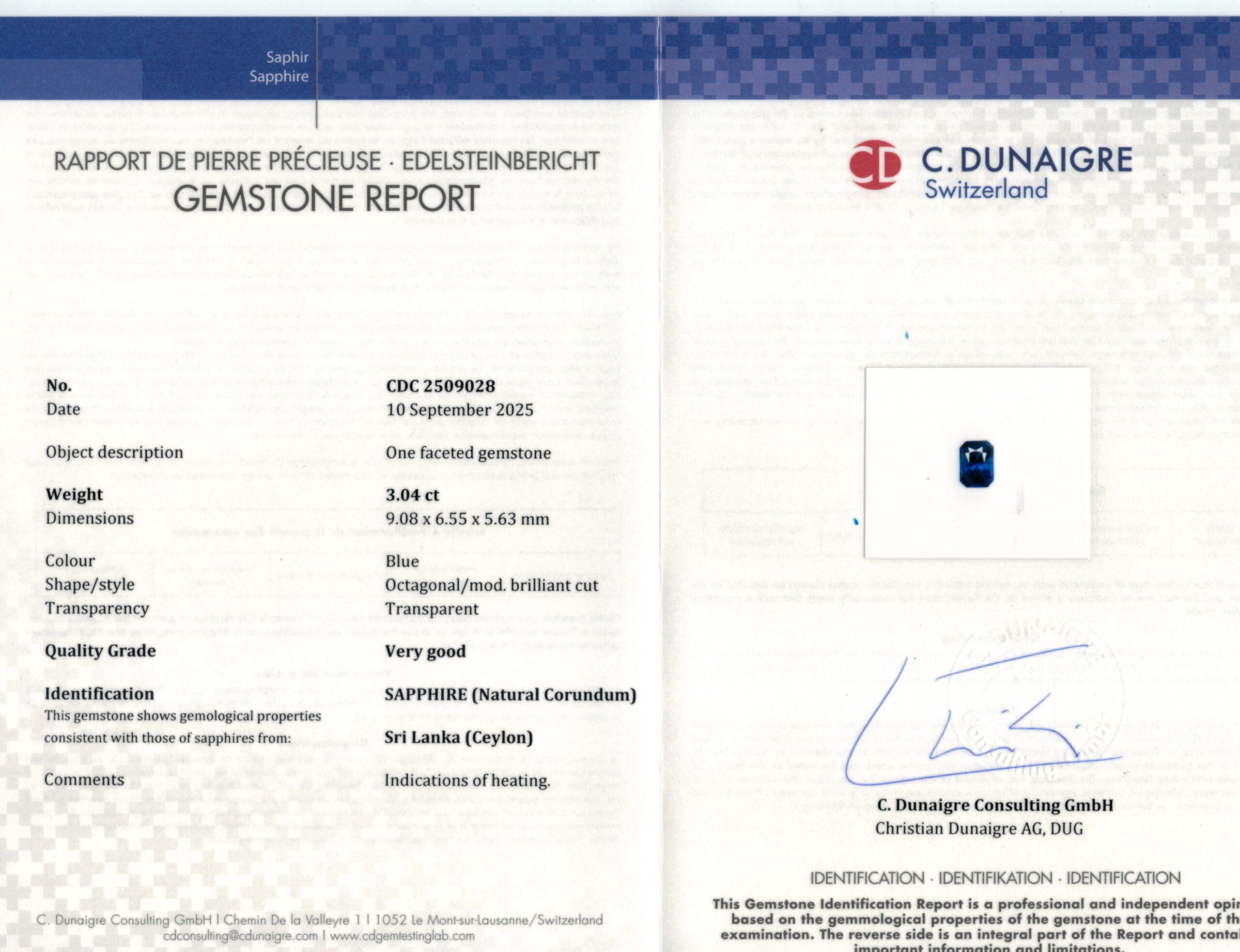 9.08X6.55MM RADIANT  SRI LANKA SAPPHIRE 3.04CT