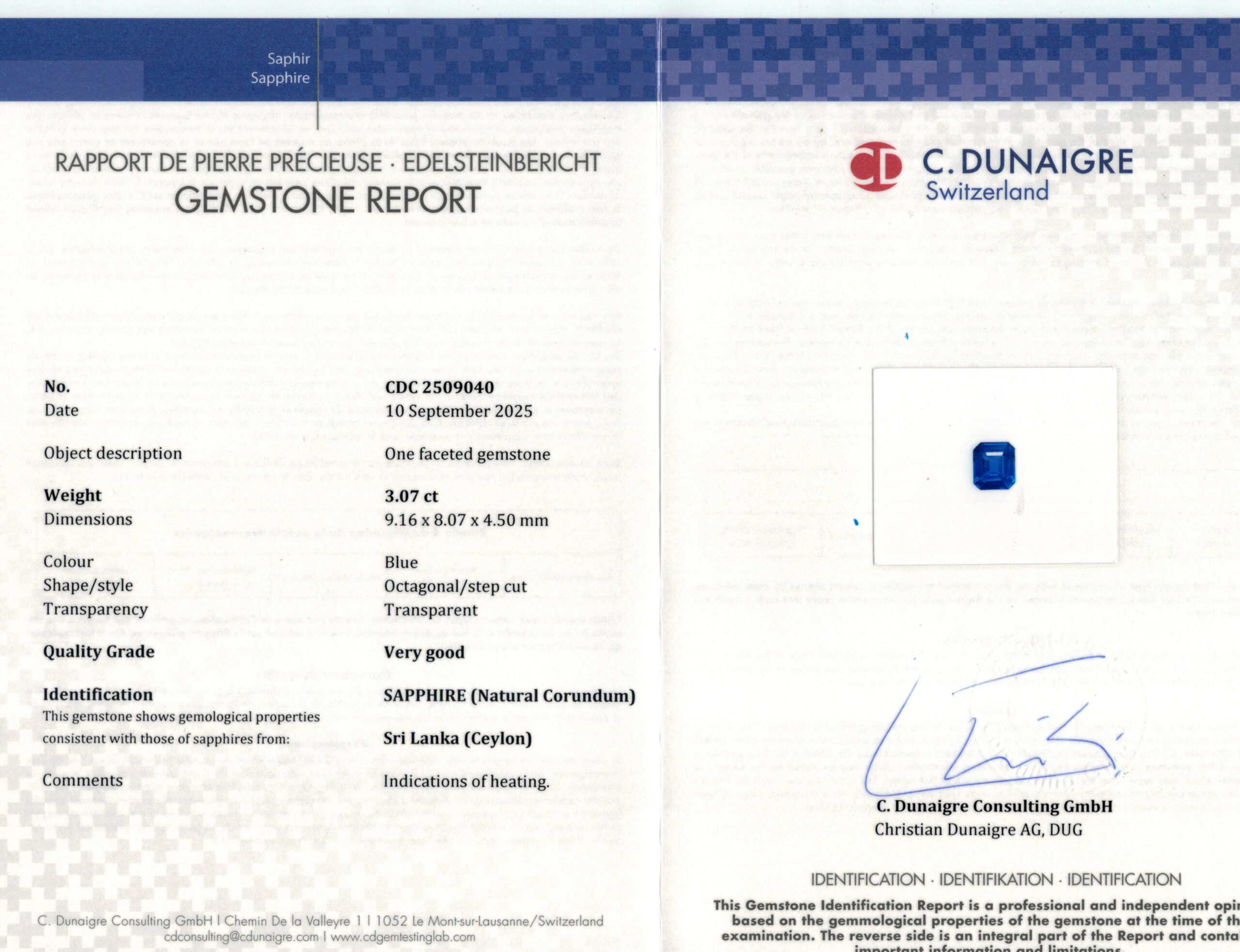 9.16X8.07MM EMERALD CUT  SRI LANKA SAPPHIRE 3.07CT