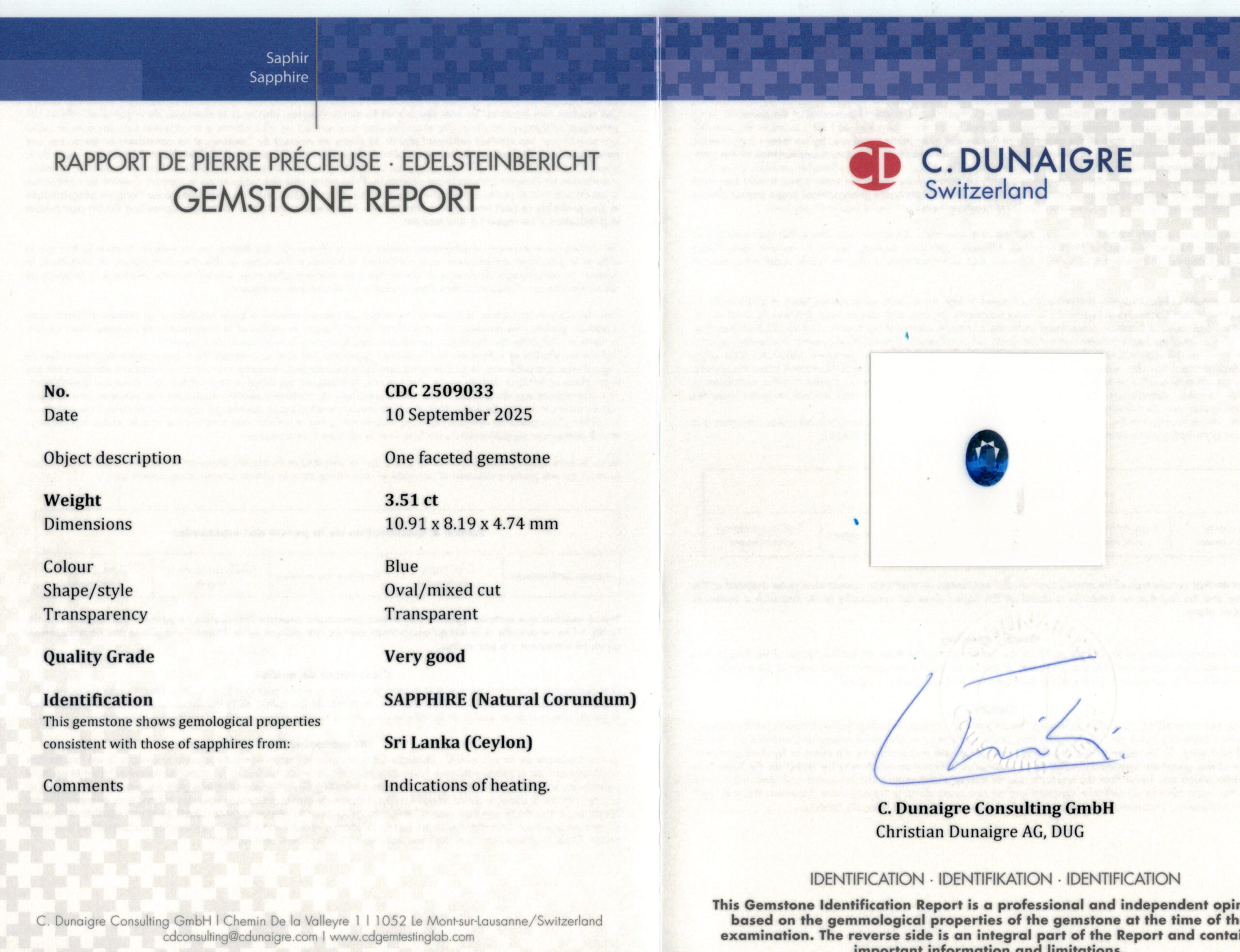 10.94X8.19MM OVAL  SRI LANKA SAPPHIRE 3.51CT