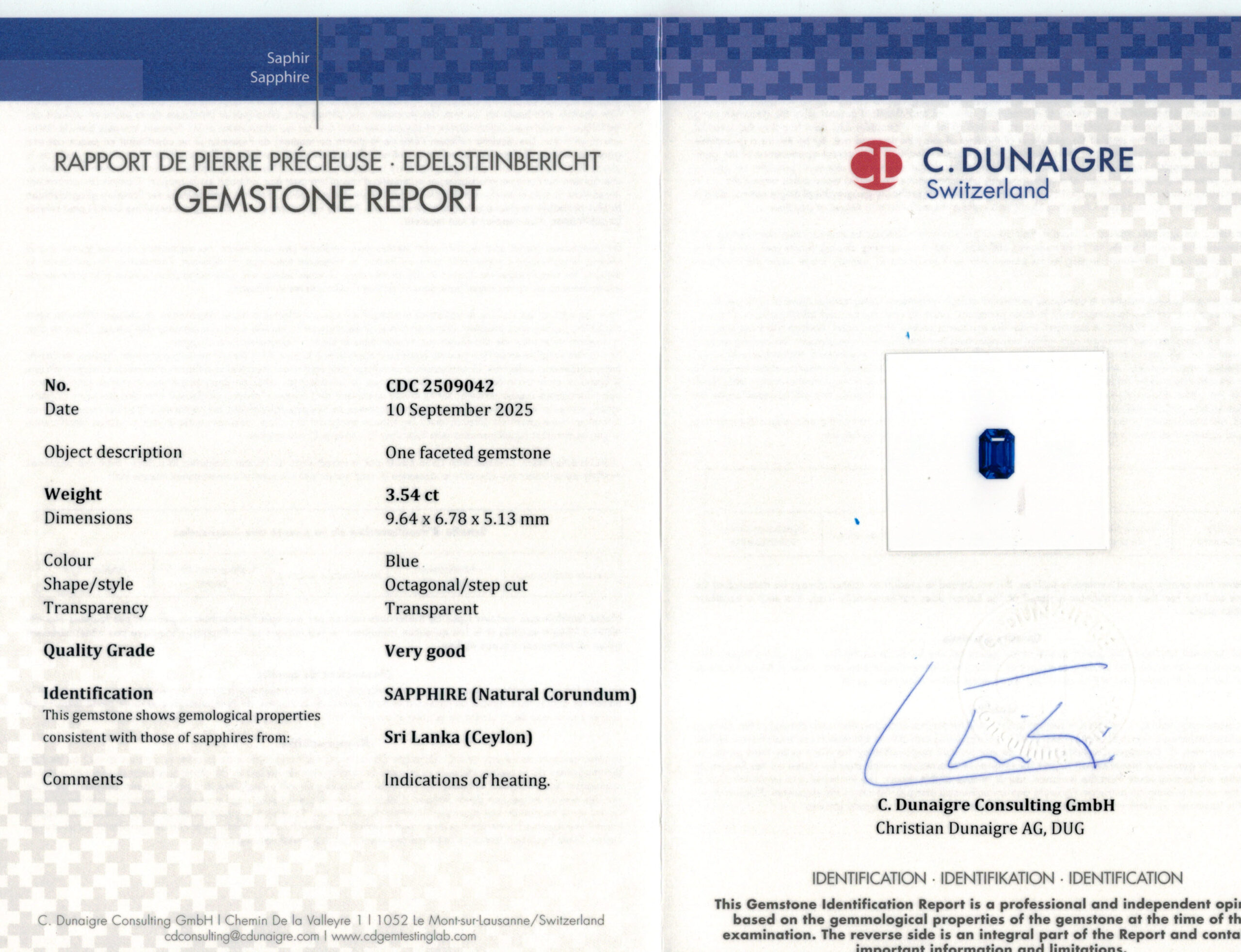 9.64X6.78MM EMERALD CUT  SRI LANKA SAPPHIRE 3.54CT