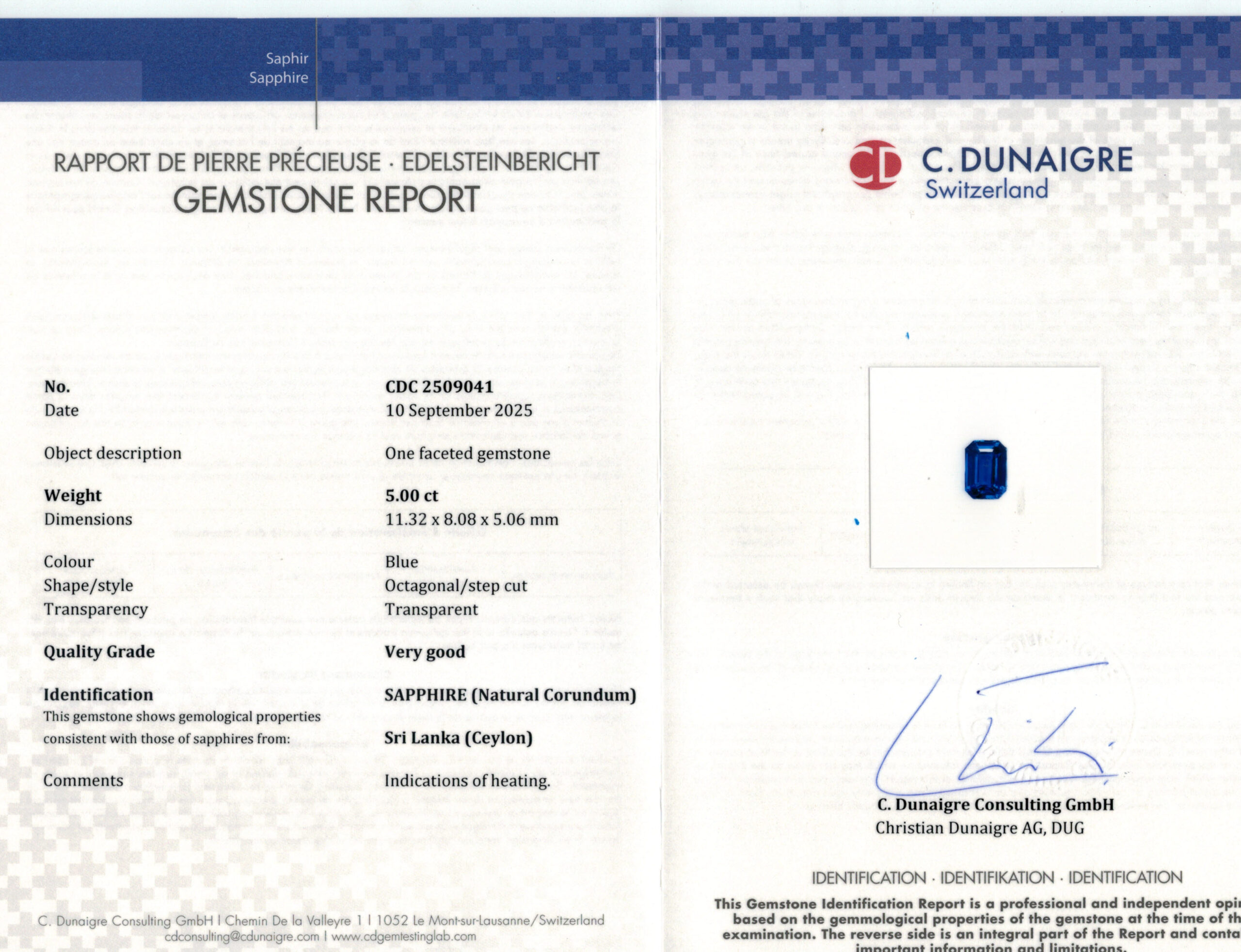 11.32X8.08MM EMERALD CUT  SRI LANKA SAPPHIRE 5.00CT