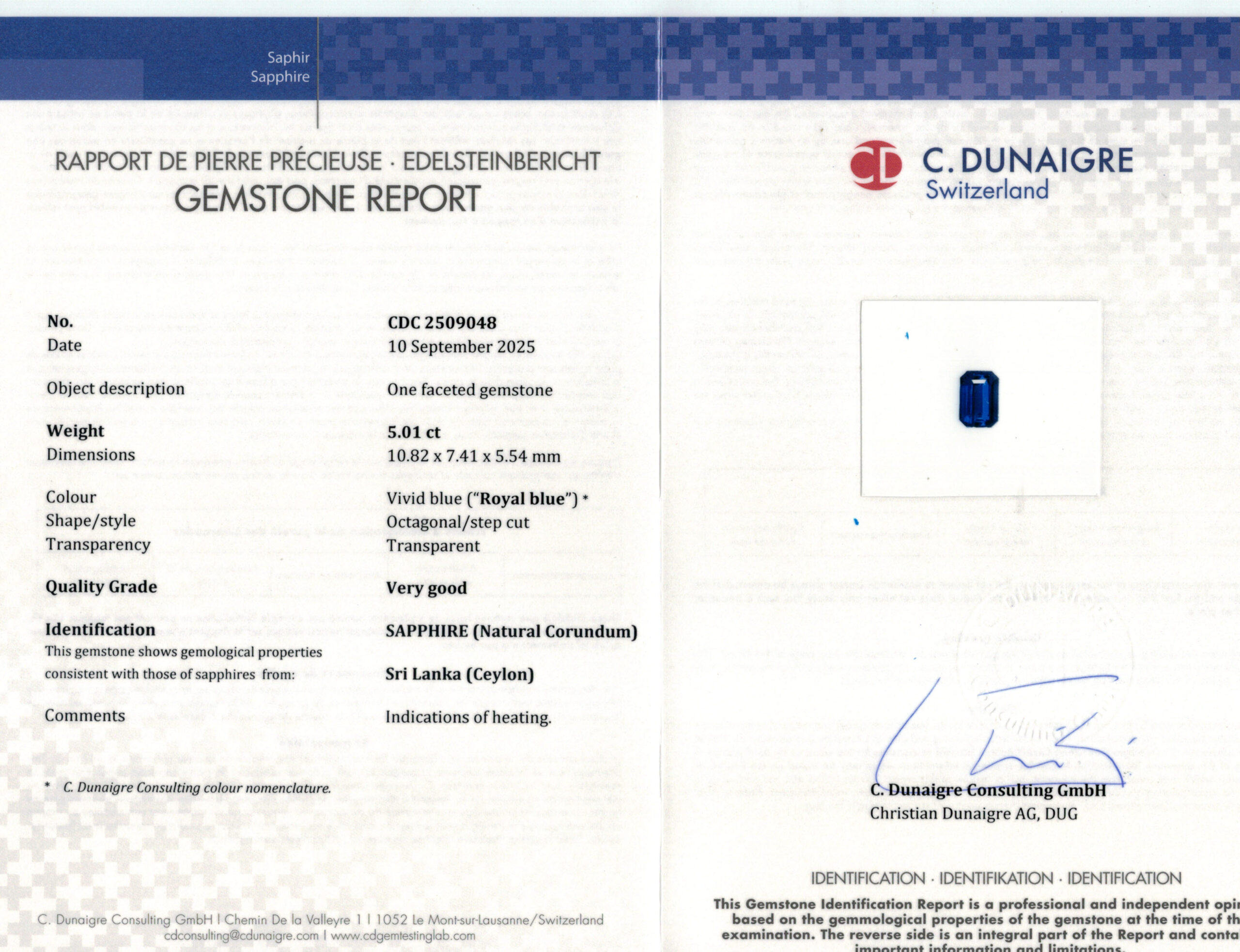 10.82X7.41MM EMERALD CUT  SRI LANKA SAPPHIRE 5.01CT