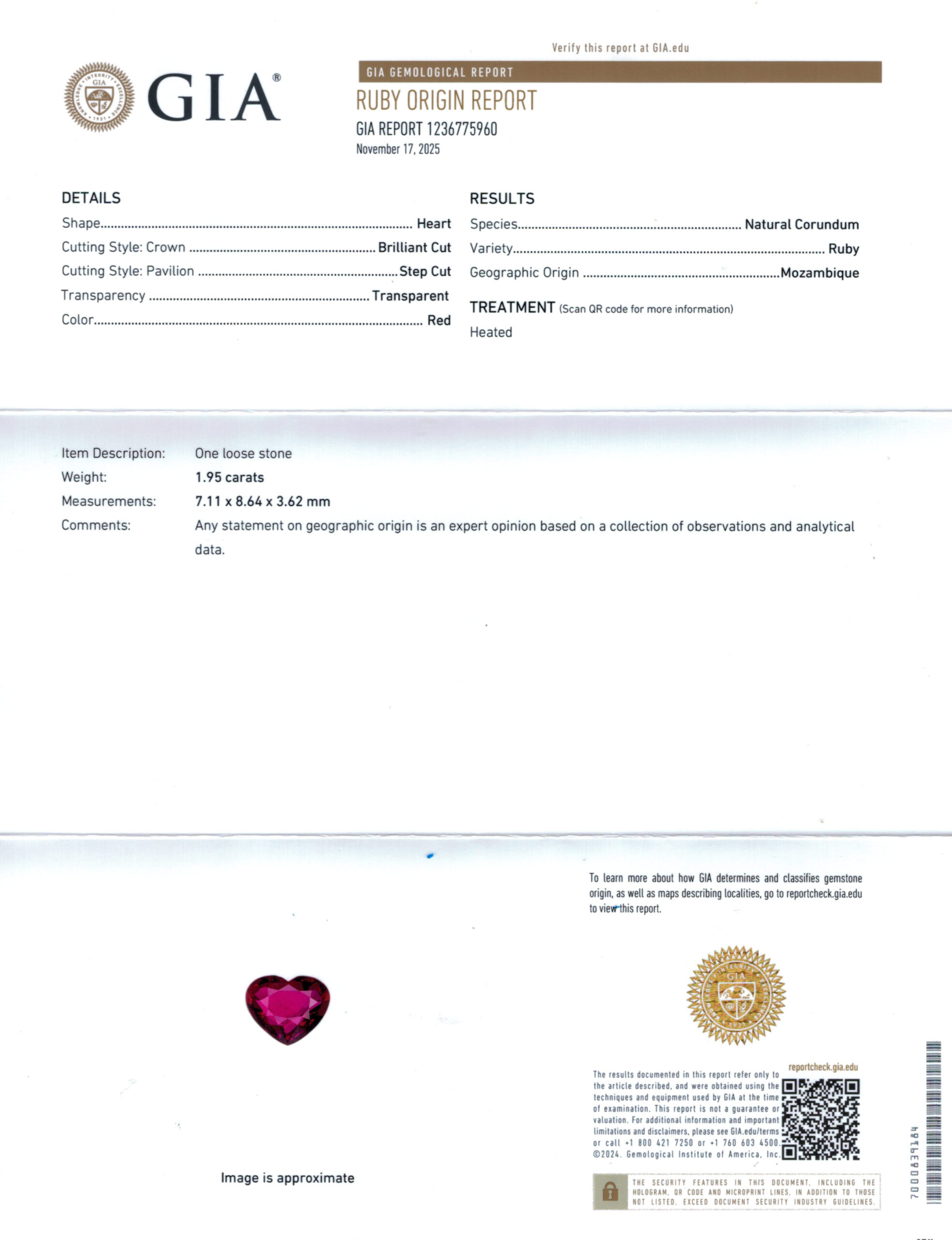 7.11X8.64MM HEART  MOZAMBIQUE RUBY 1.95CT