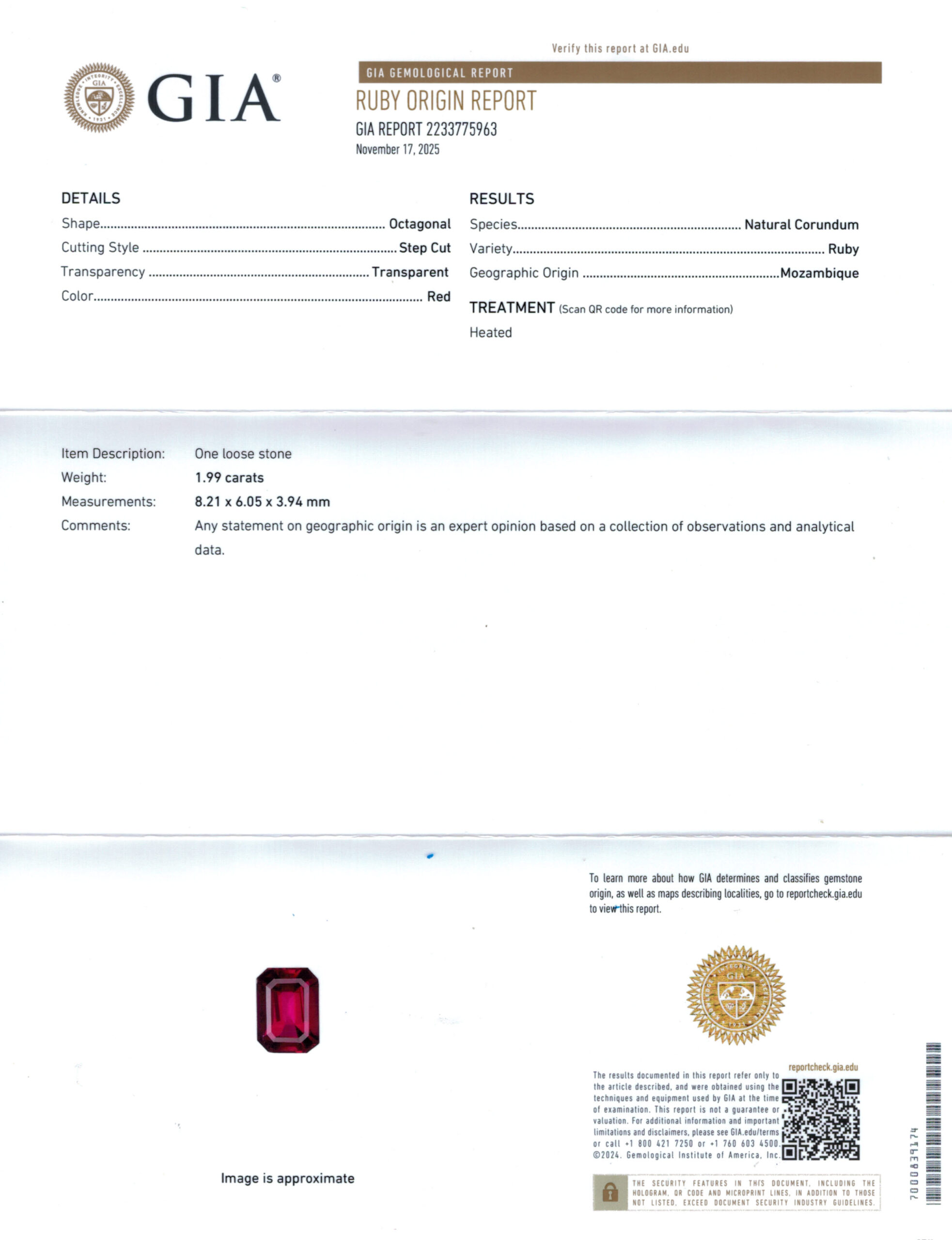 8.21X6.05MM EMERALD CUT  MOZAMBIQUE RUBY 1.99CT