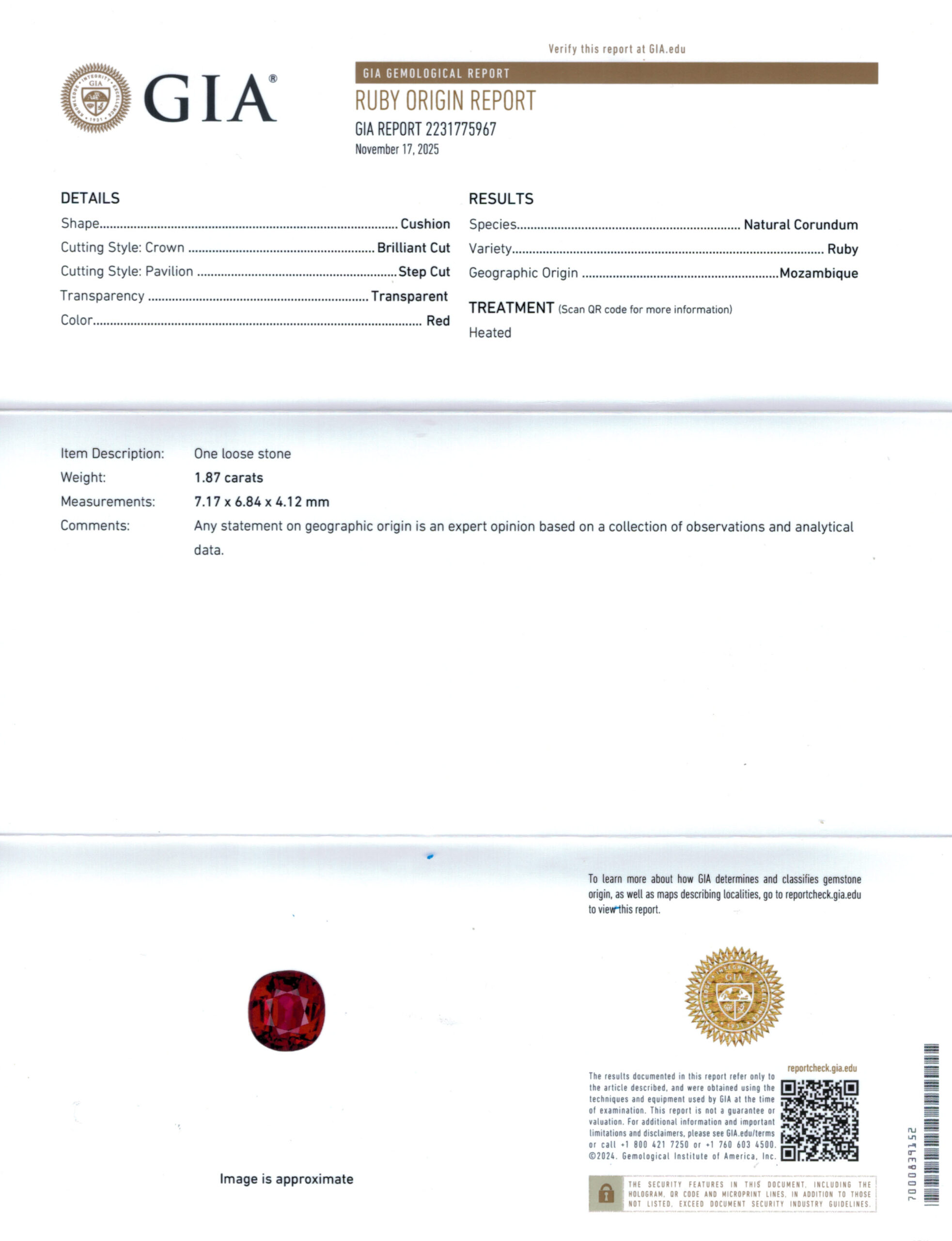 7.17X6.84MM ANTIQUE CUSHION  MOZAMBIQUE RUBY 1.87CT