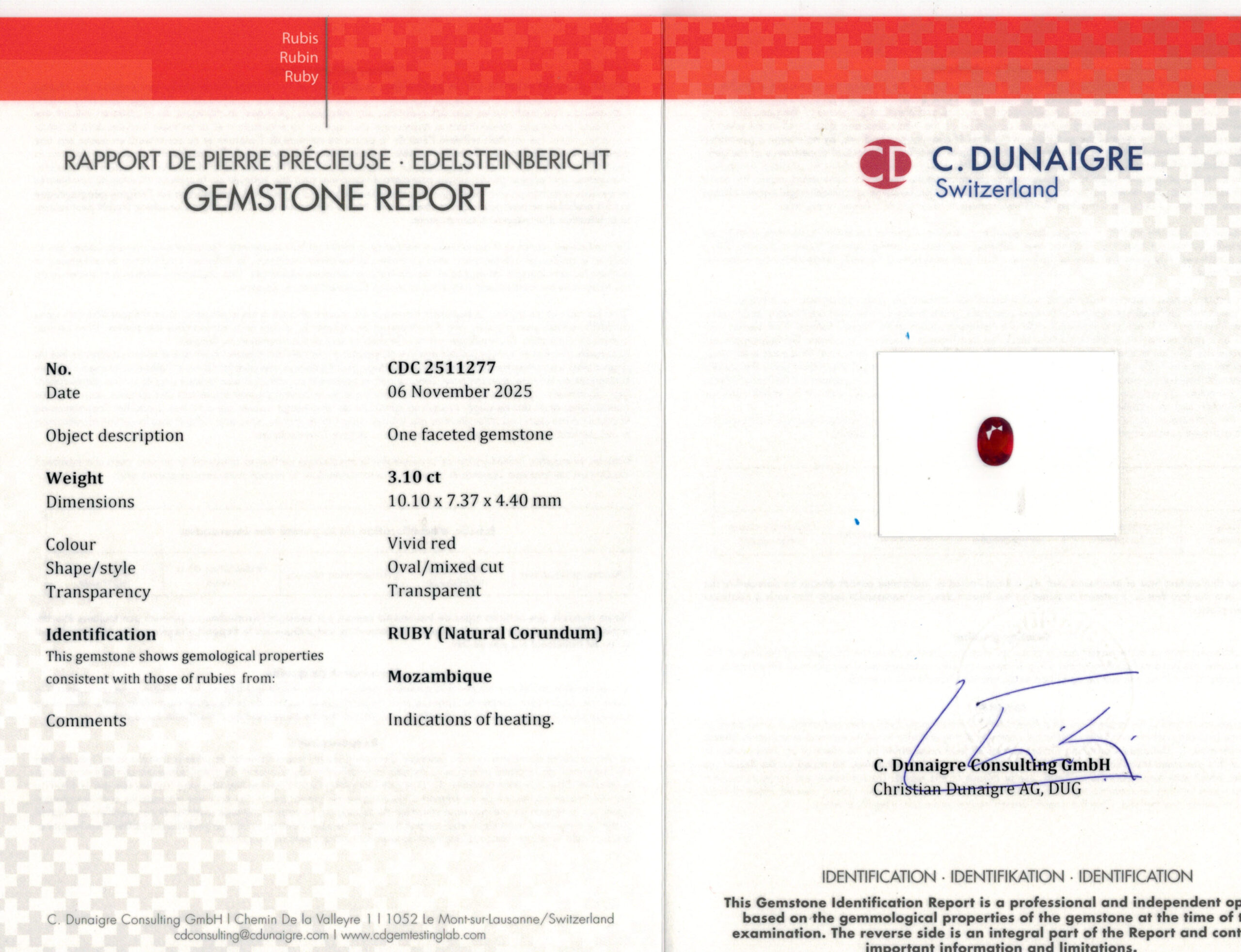 10.1X7.37MM OVAL  MOZAMBIQUE RUBY 3.10CT