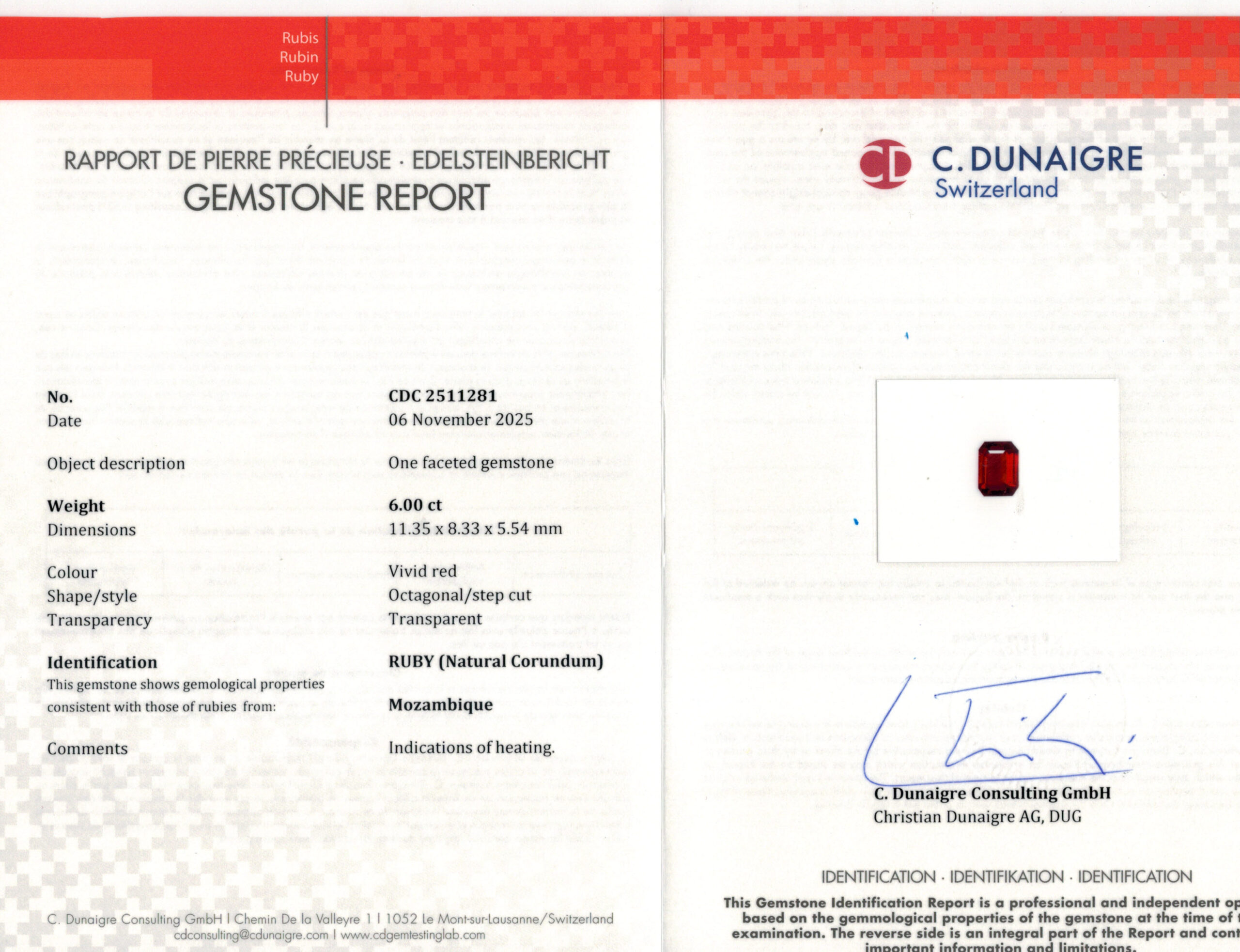 11.35X8.33MM EMERALD CUT  MOZAMBIQUE RUBY 6.00CT