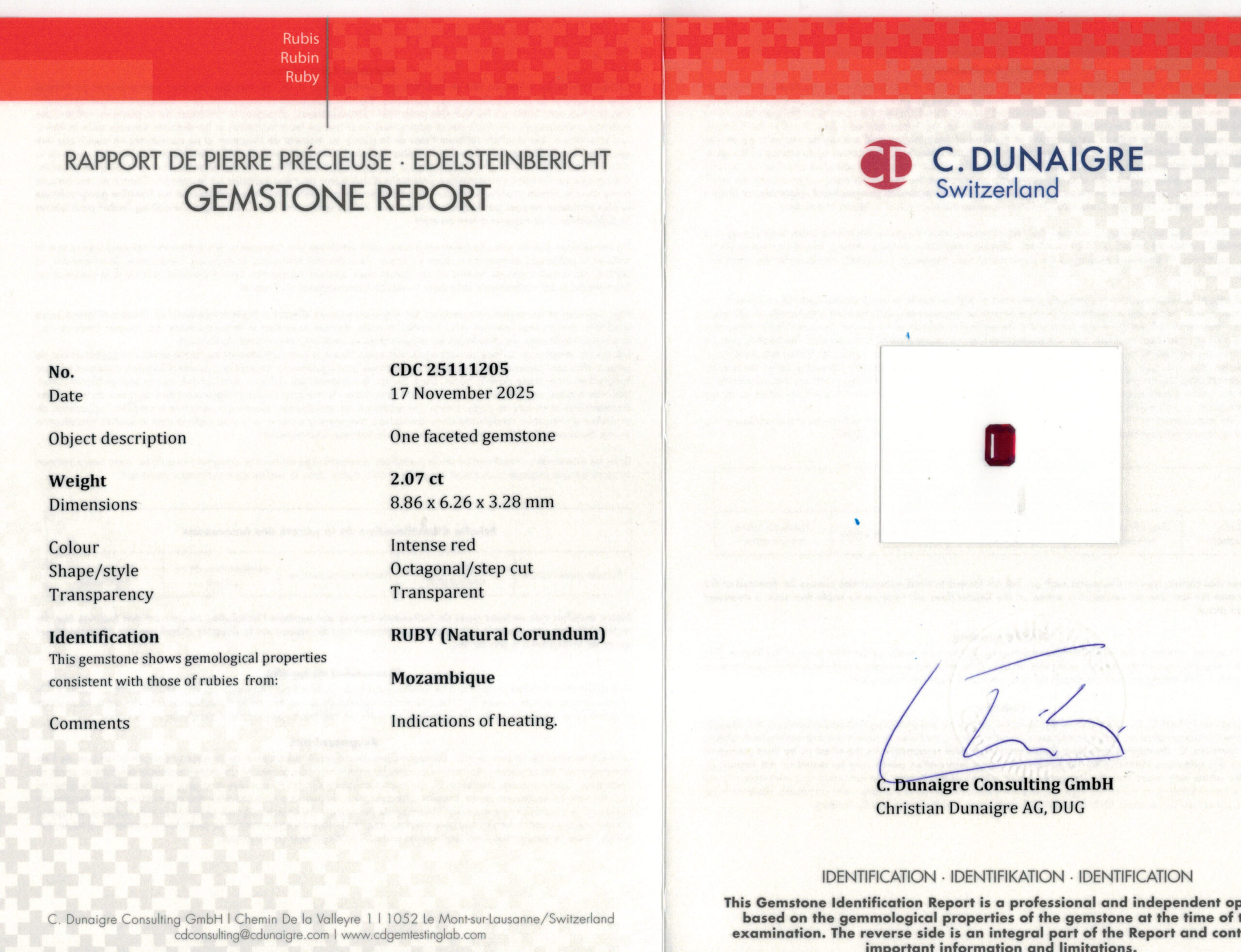 8.86X6.26MM EMERALD CUT  MOZAMBIQUE RUBY 2.07CT