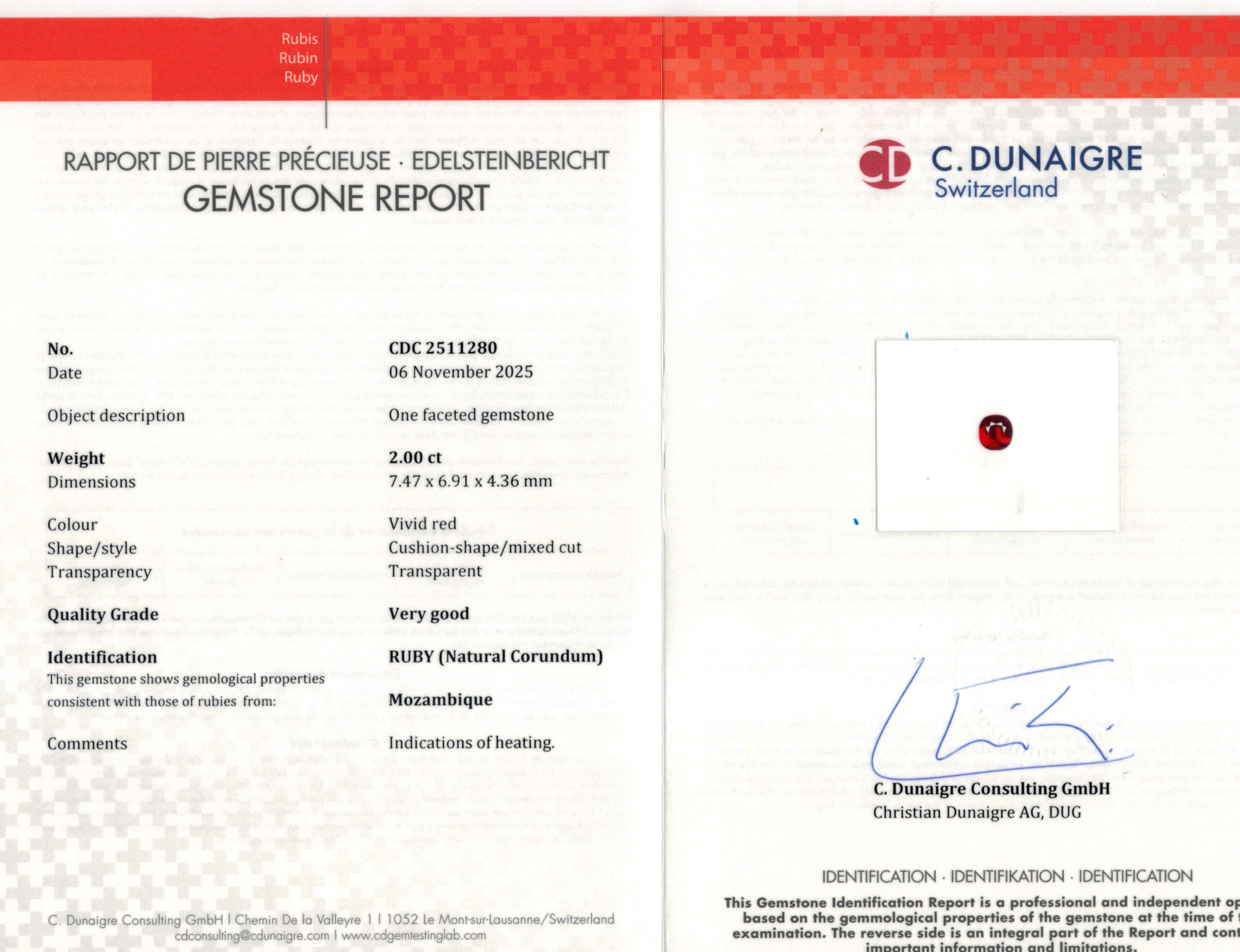 7.47X6.91MM ANTIQUE CUSHION  MOZAMBIQUE RUBY 2.00CT