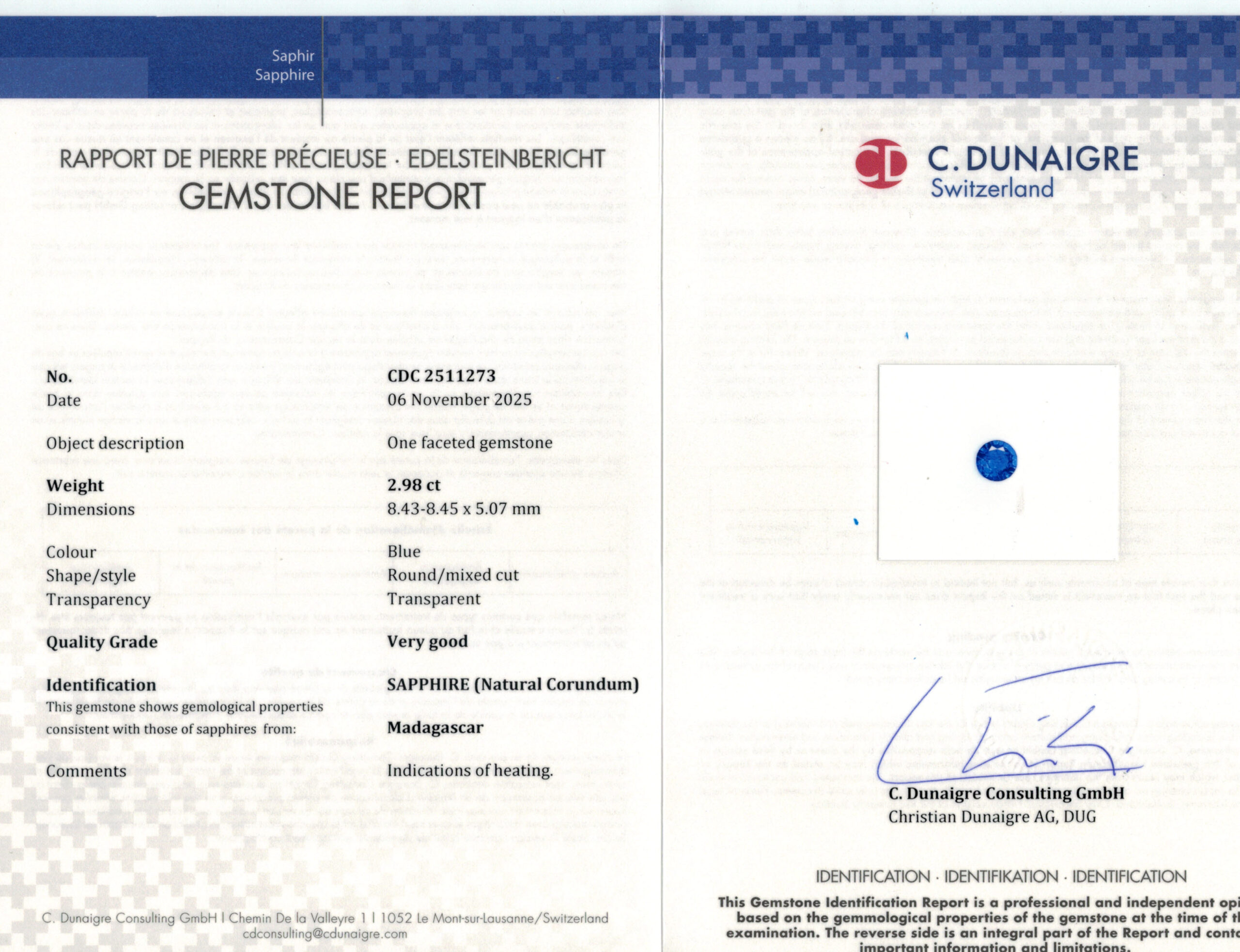 8.43X8.45MM ROUND  MADAGASCAR SAPPHIRE 2.98CT