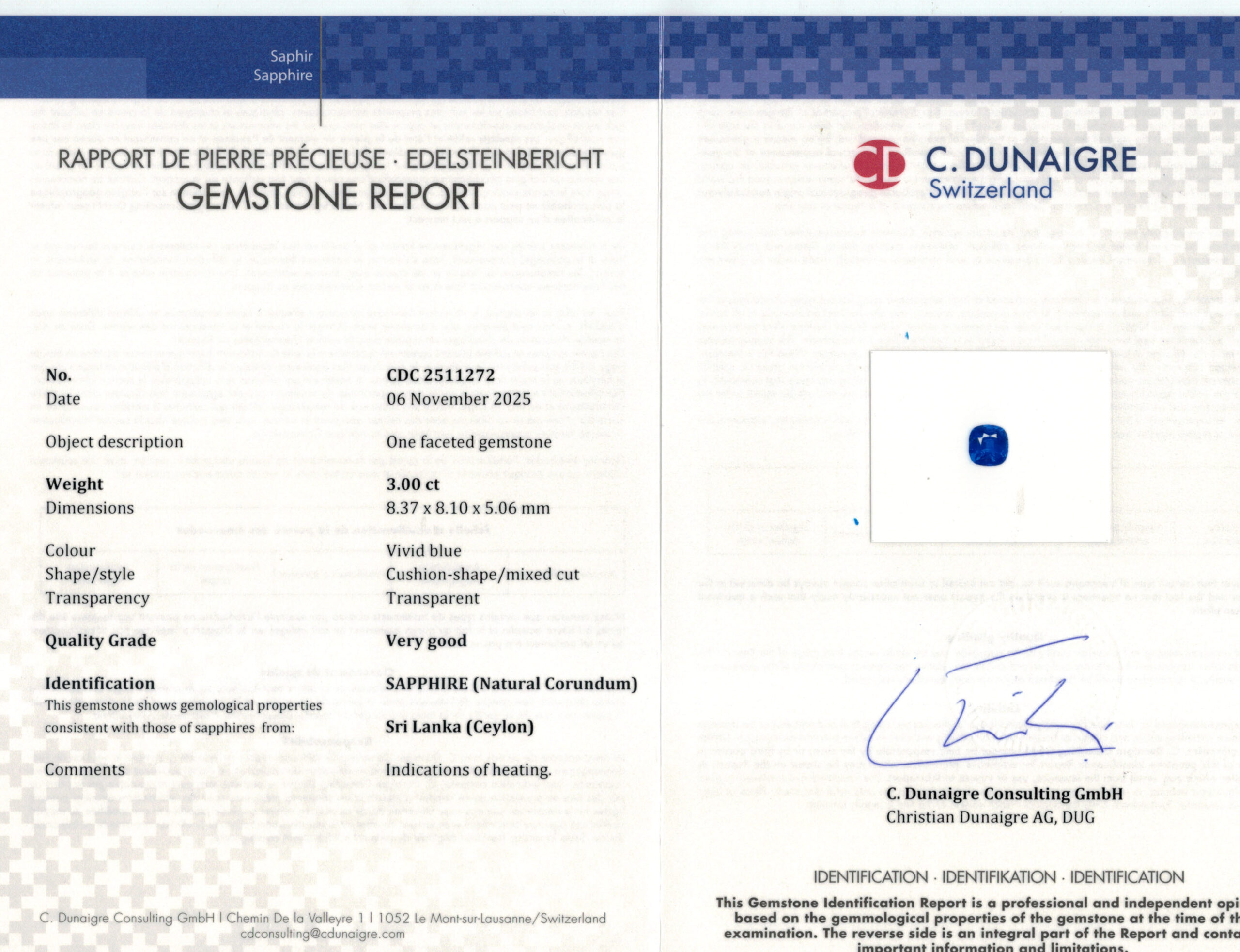 8.31X8.1MM ANTIQUE CUSHION  SRI LANKA SAPPHIRE 3.00CT