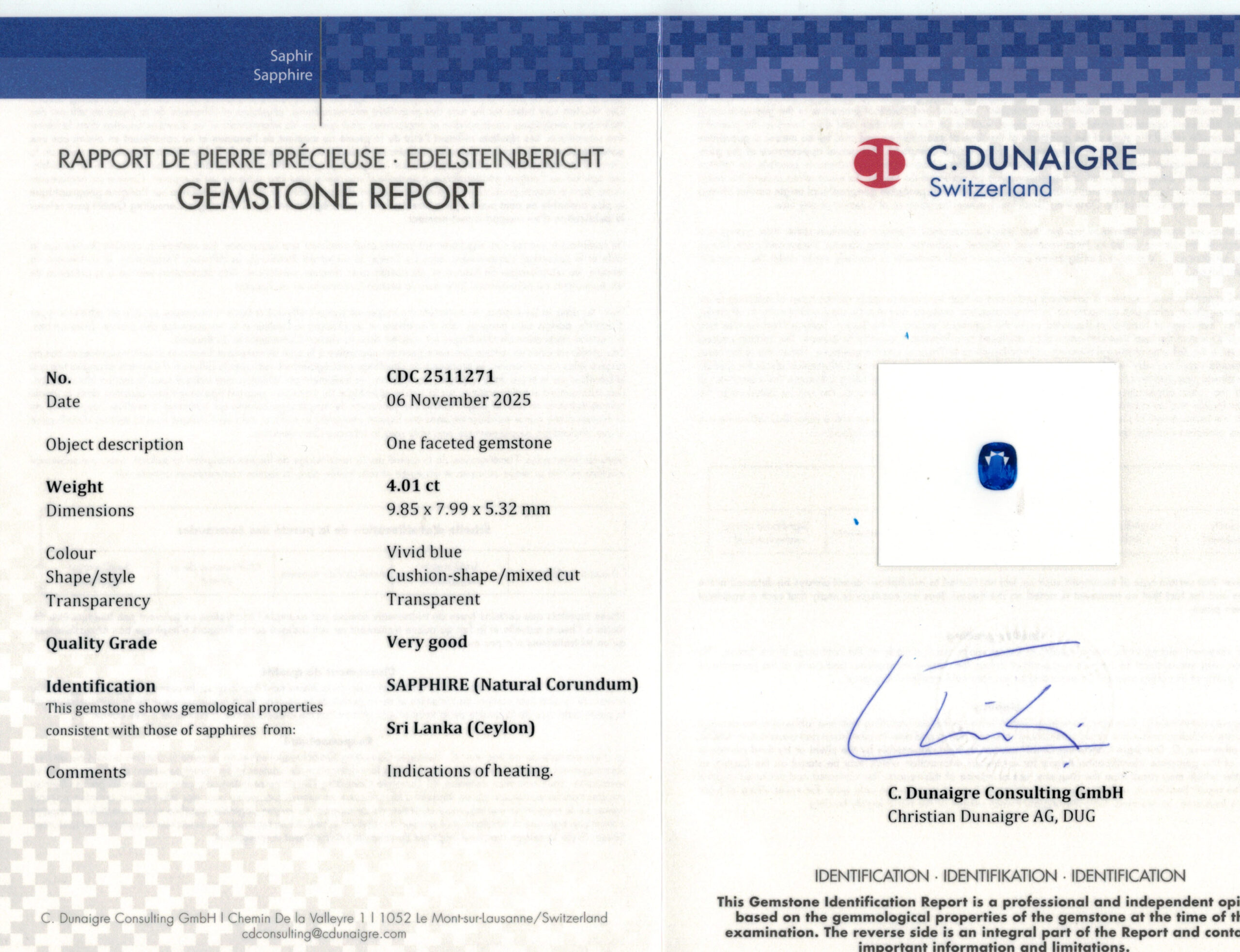 9.85X7.99MM ANTIQUE CUSHION  SRI LANKA SAPPHIRE 4.01CT