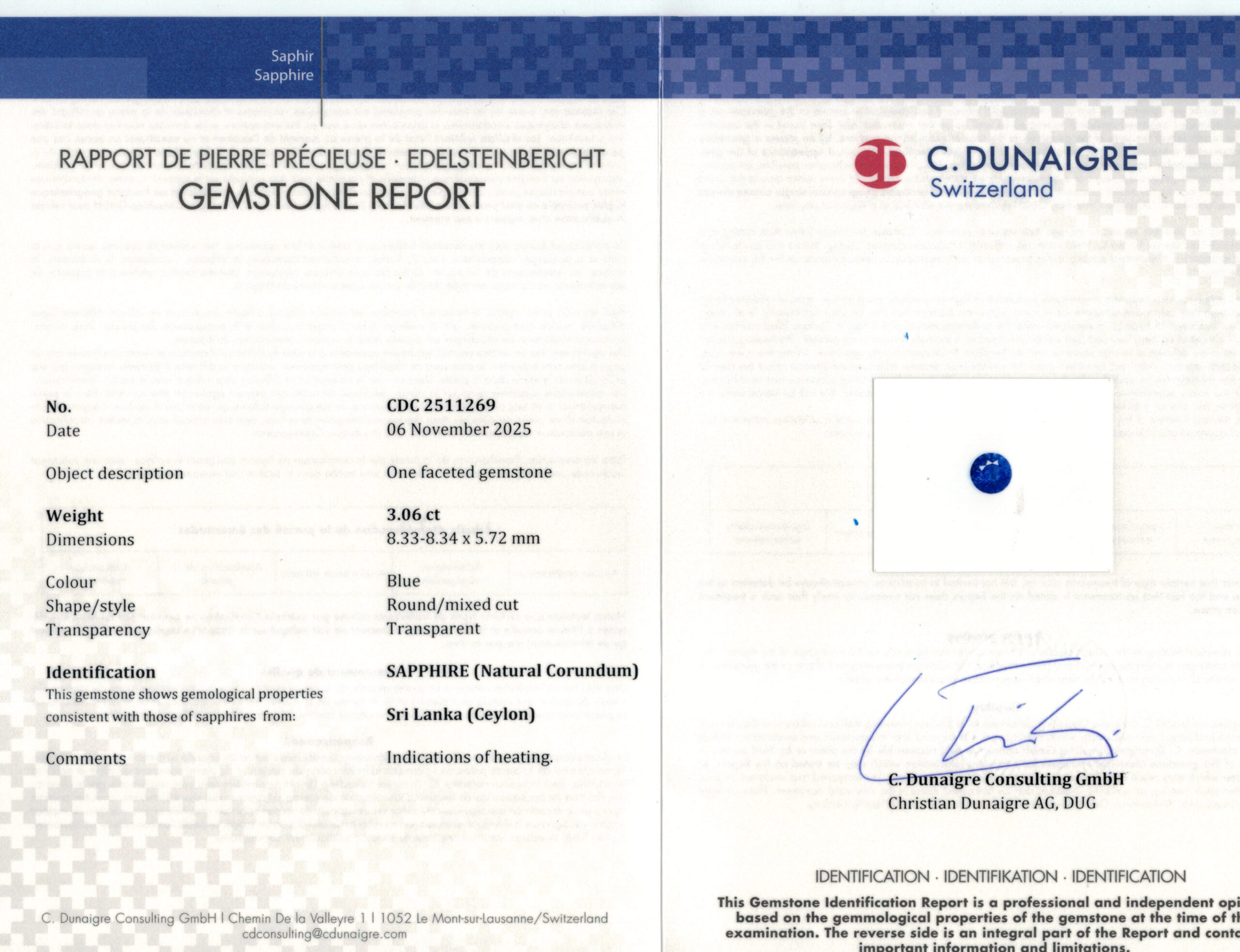 8.33X8.34MM ROUND  SRI LANKA SAPPHIRE 3.06CT