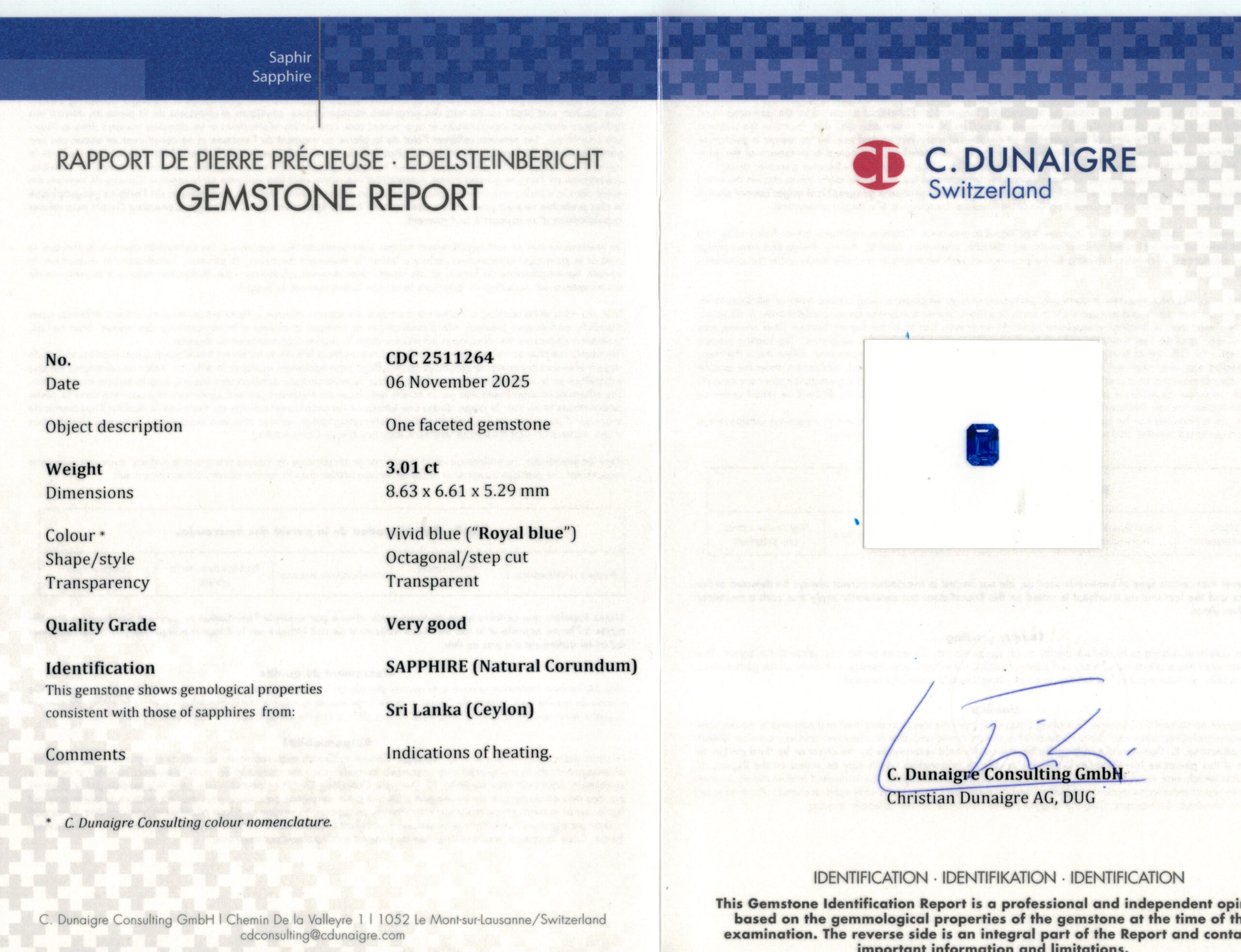 8.63X6.61MM EMERALD CUT  SRI LANKA SAPPHIRE 3.01CT