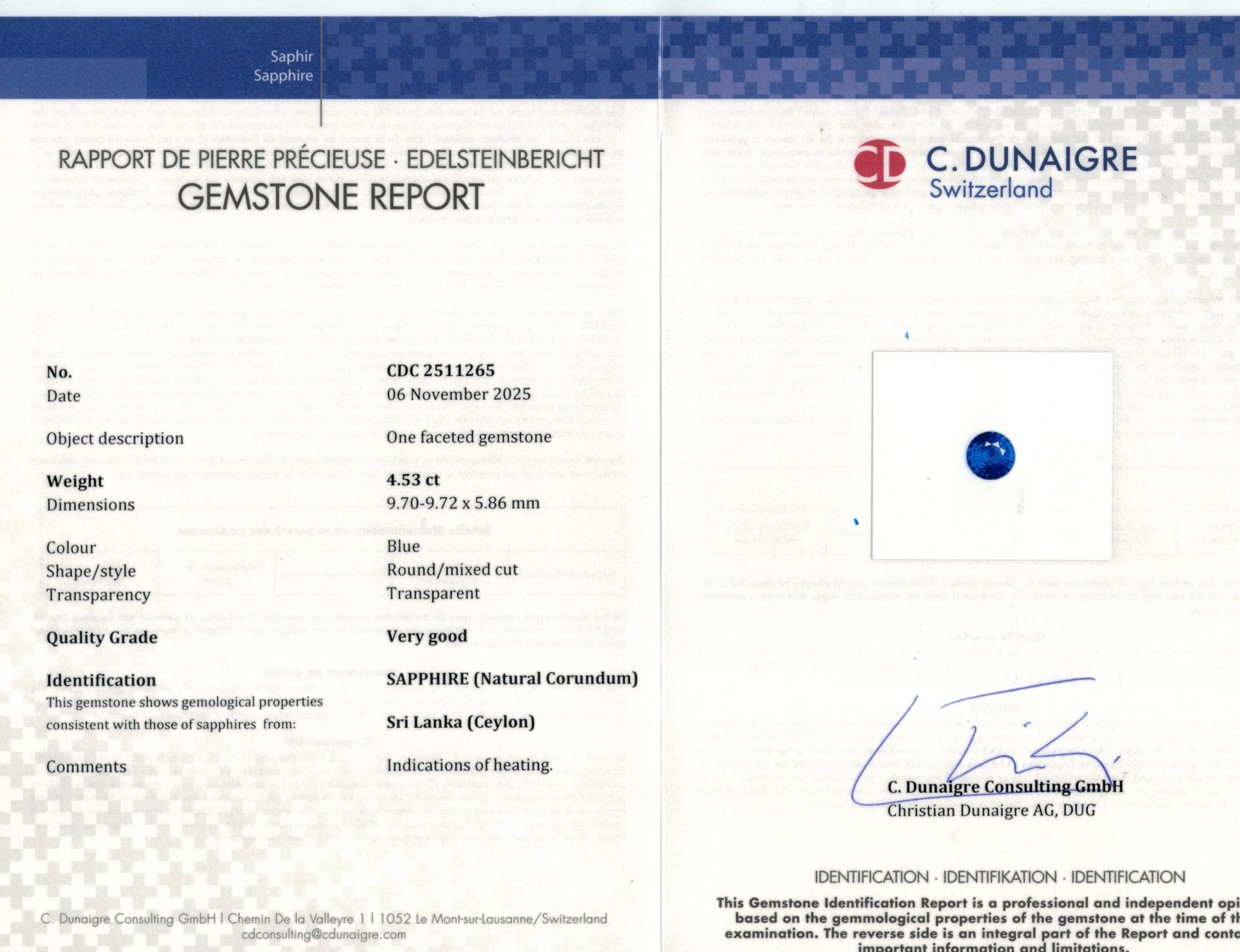 9.7X9.72MM ROUND  SRI LANKA SAPPHIRE 4.53CT