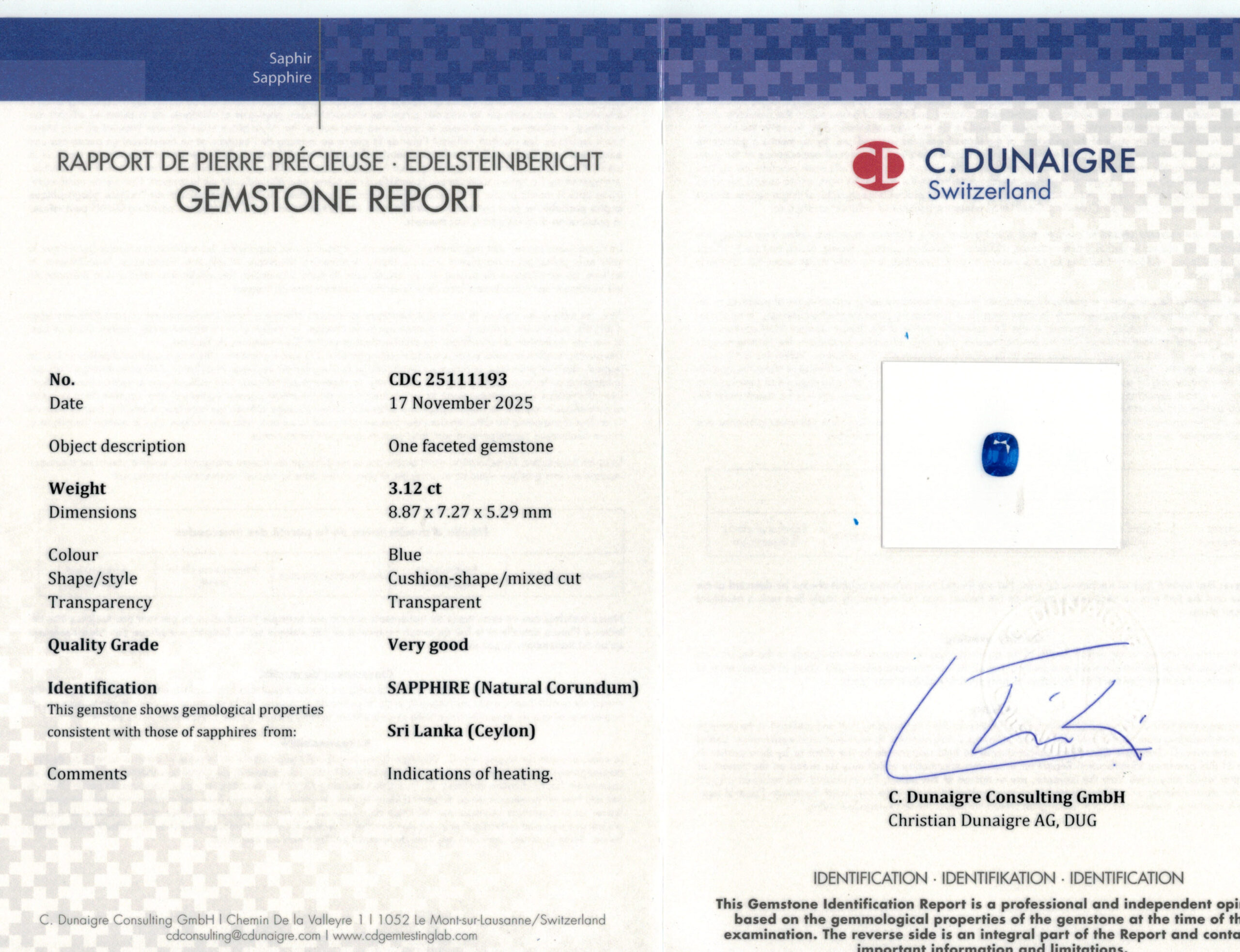 8.87X7.27MM ANTIQUE CUSHION  SRI LANKA SAPPHIRE 3.12CT