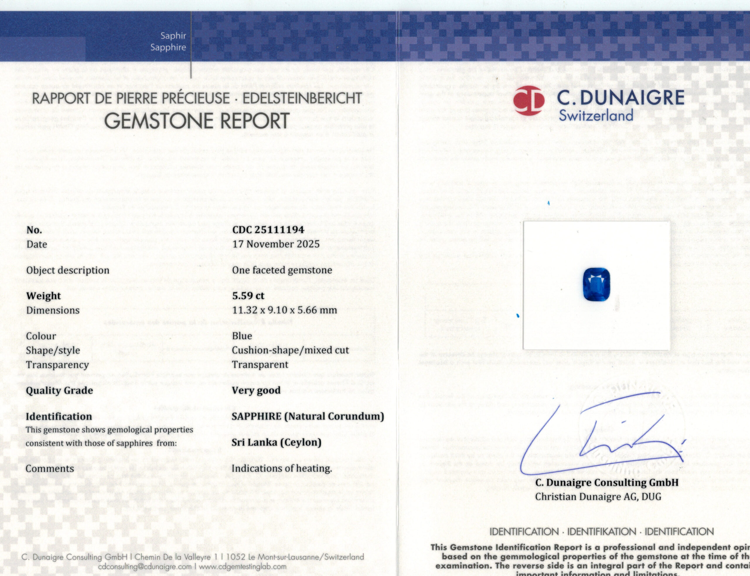 11.32X9.1MM ANTIQUE CUSHION  SRI LANKA SAPPHIRE 5.59CT