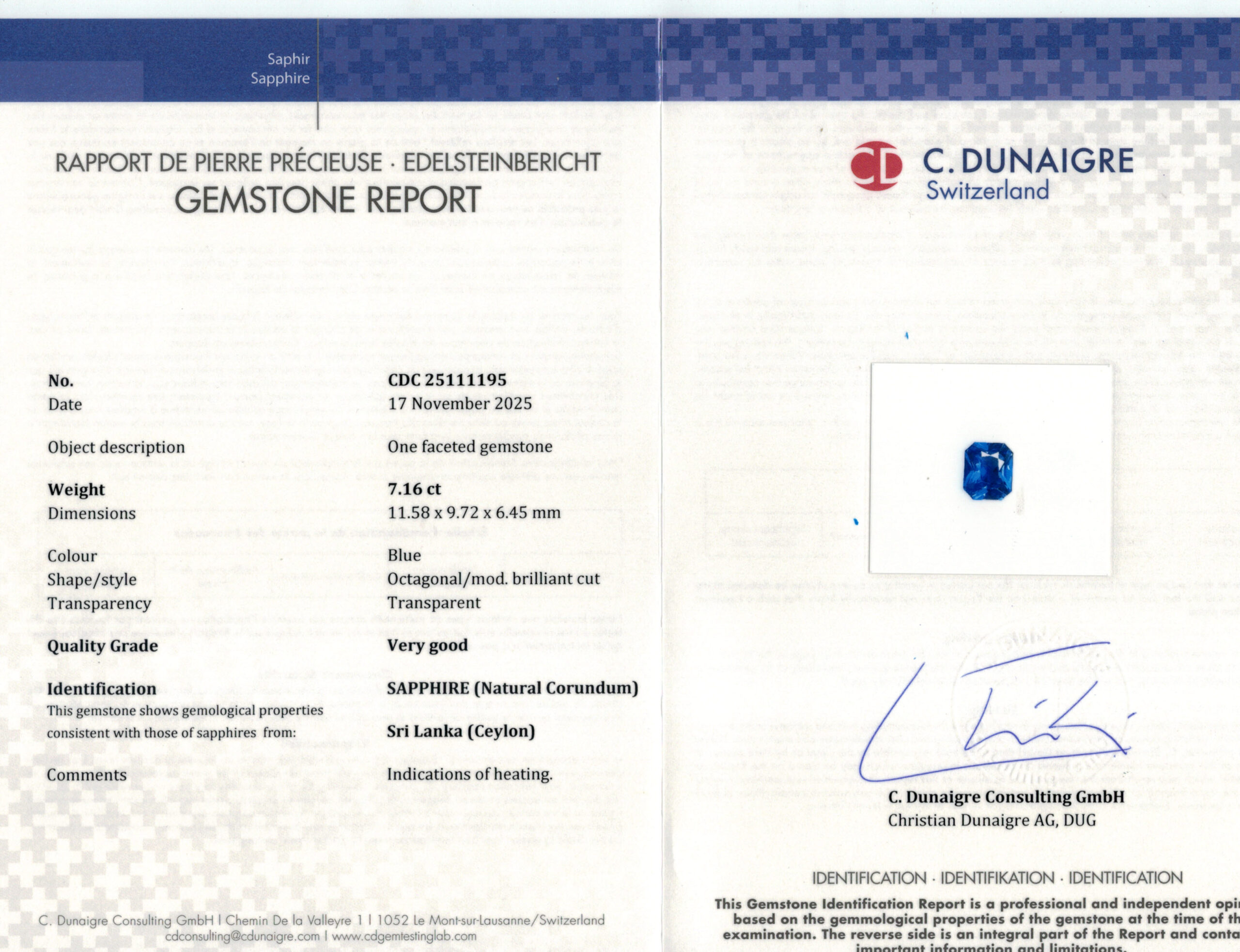 11.58X9.72MM RADIANT  SRI LANKA SAPPHIRE 7.16CT