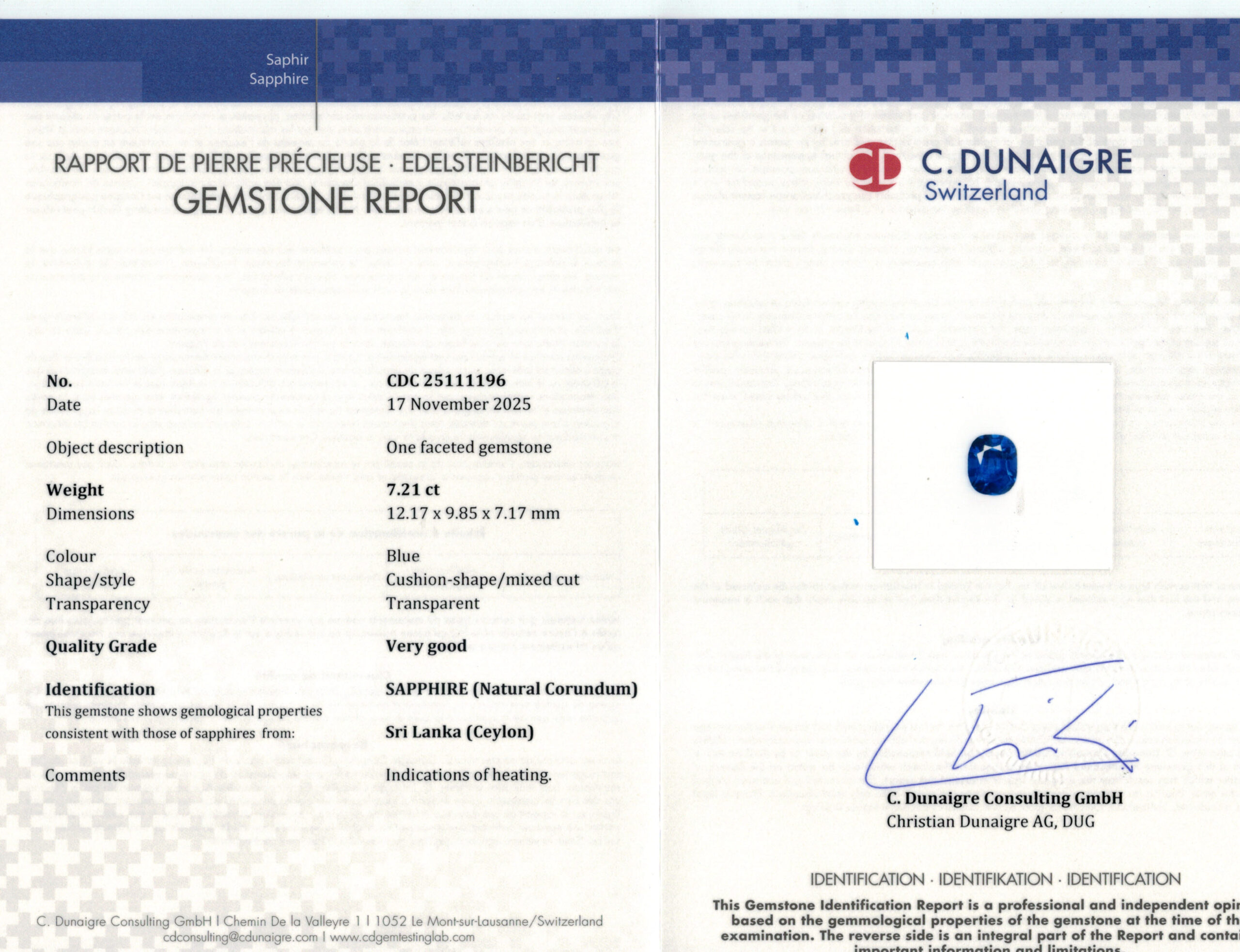 12.17X9.85MM ANTIQUE CUSHION  SRI LANKA SAPPHIRE 7.21CT