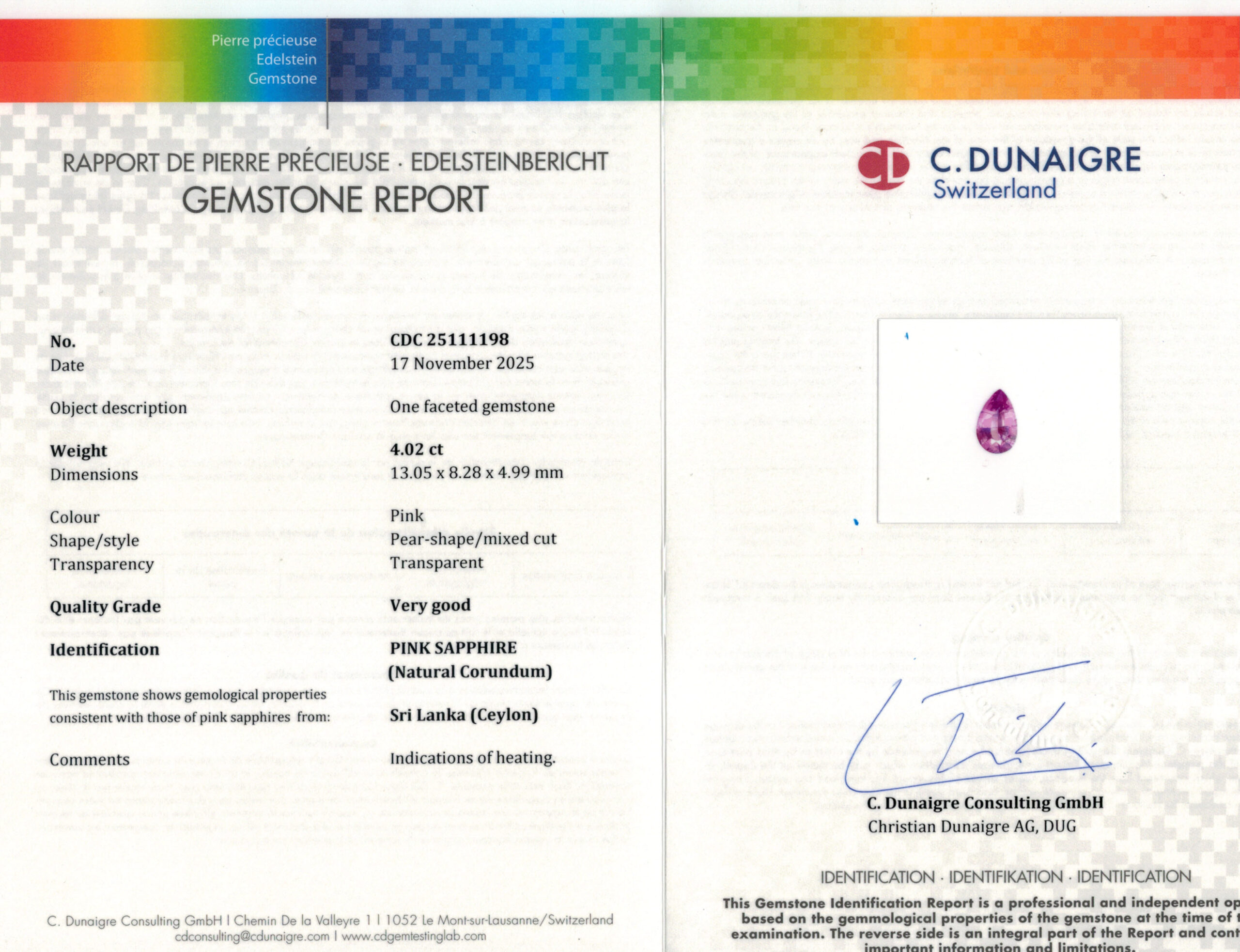 13.05X8.28MM PEAR PINK SRI LANKA SAPPHIRE 4.02CT