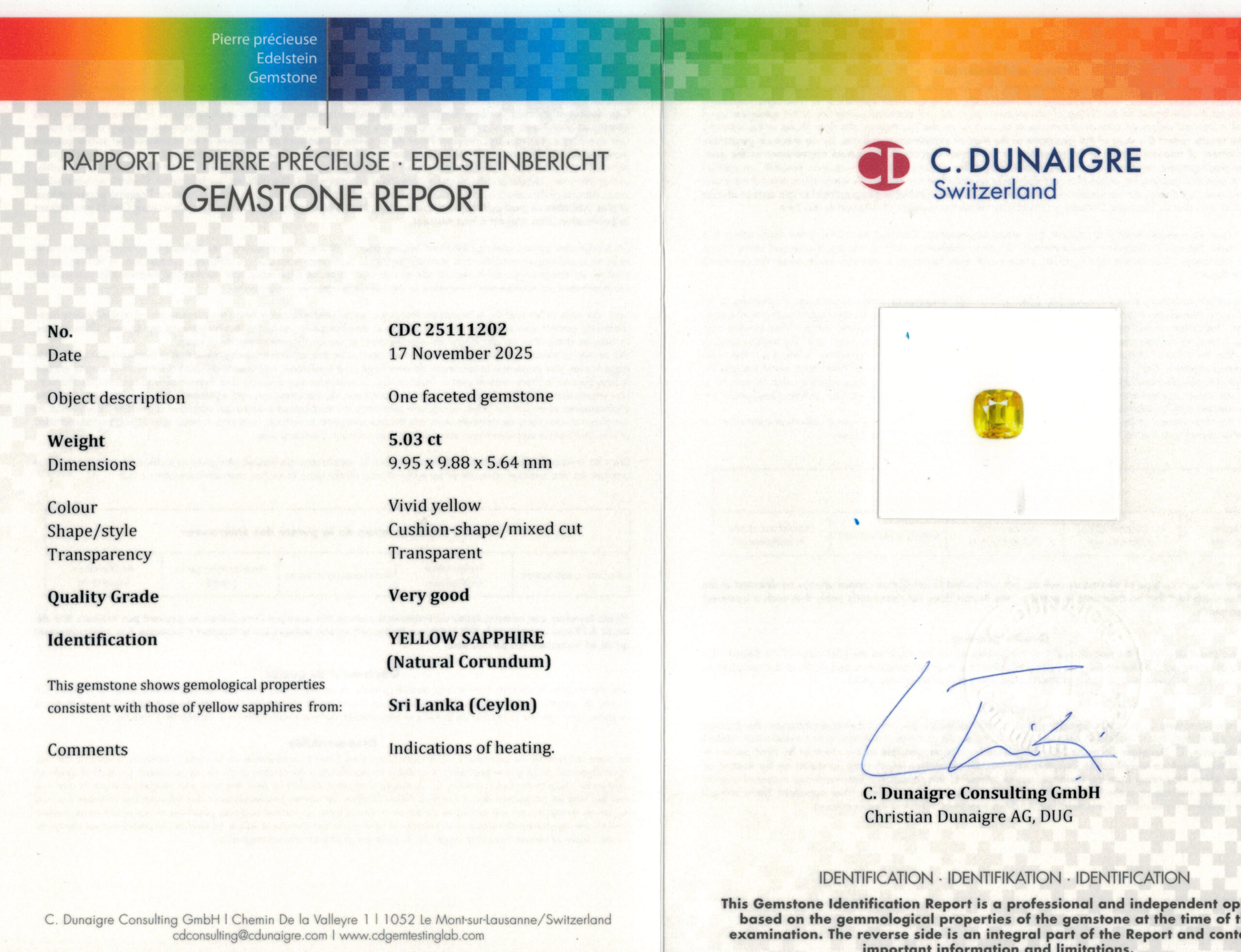 9.95X9.88MM ANTIQUE CUSHION YELLOW SRI LANKA SAPPHIRE 5.03CT