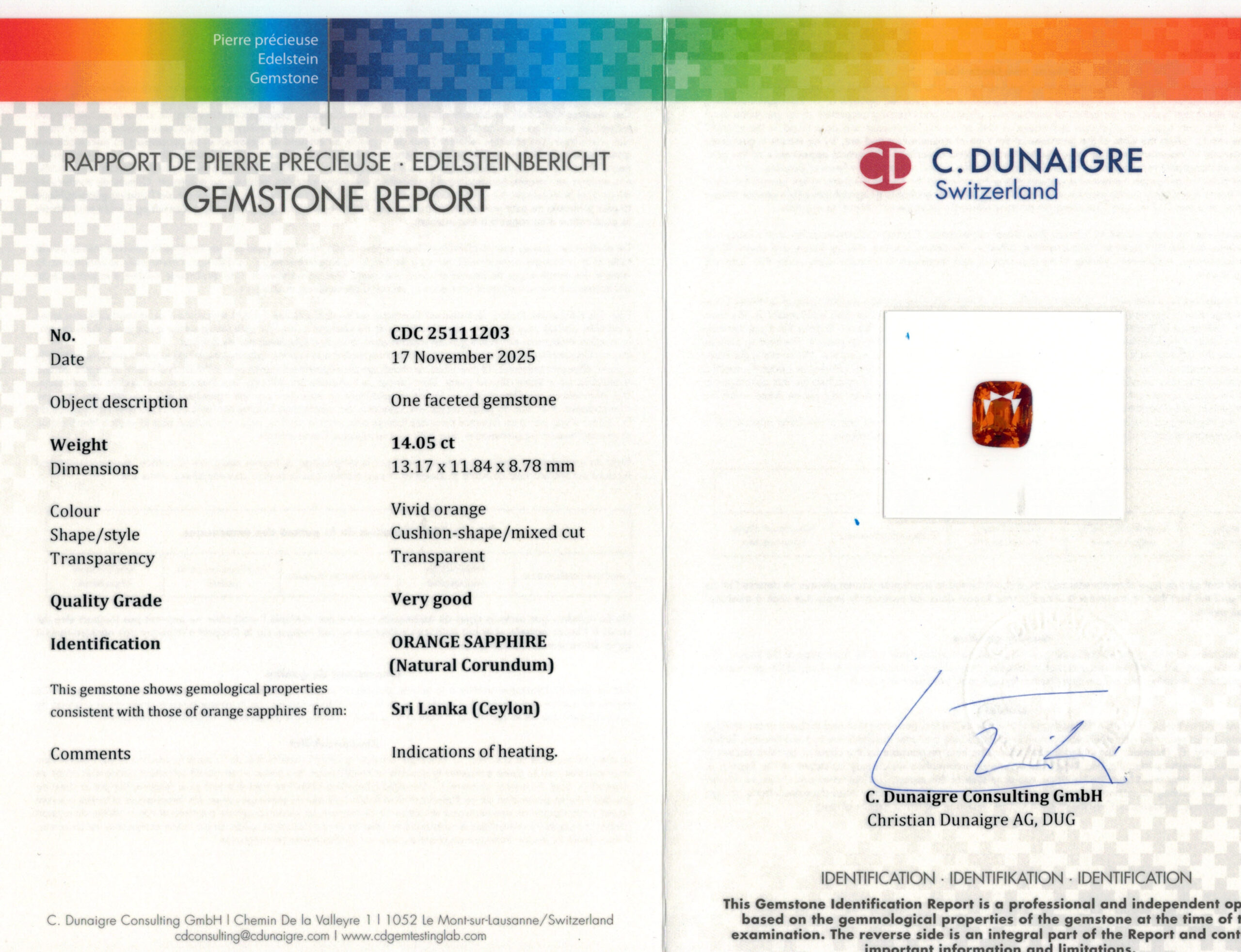 13.17X11.84MM ANTIQUE CUSHION ORANGE SRI LANKA SAPPHIRE 14.05CT