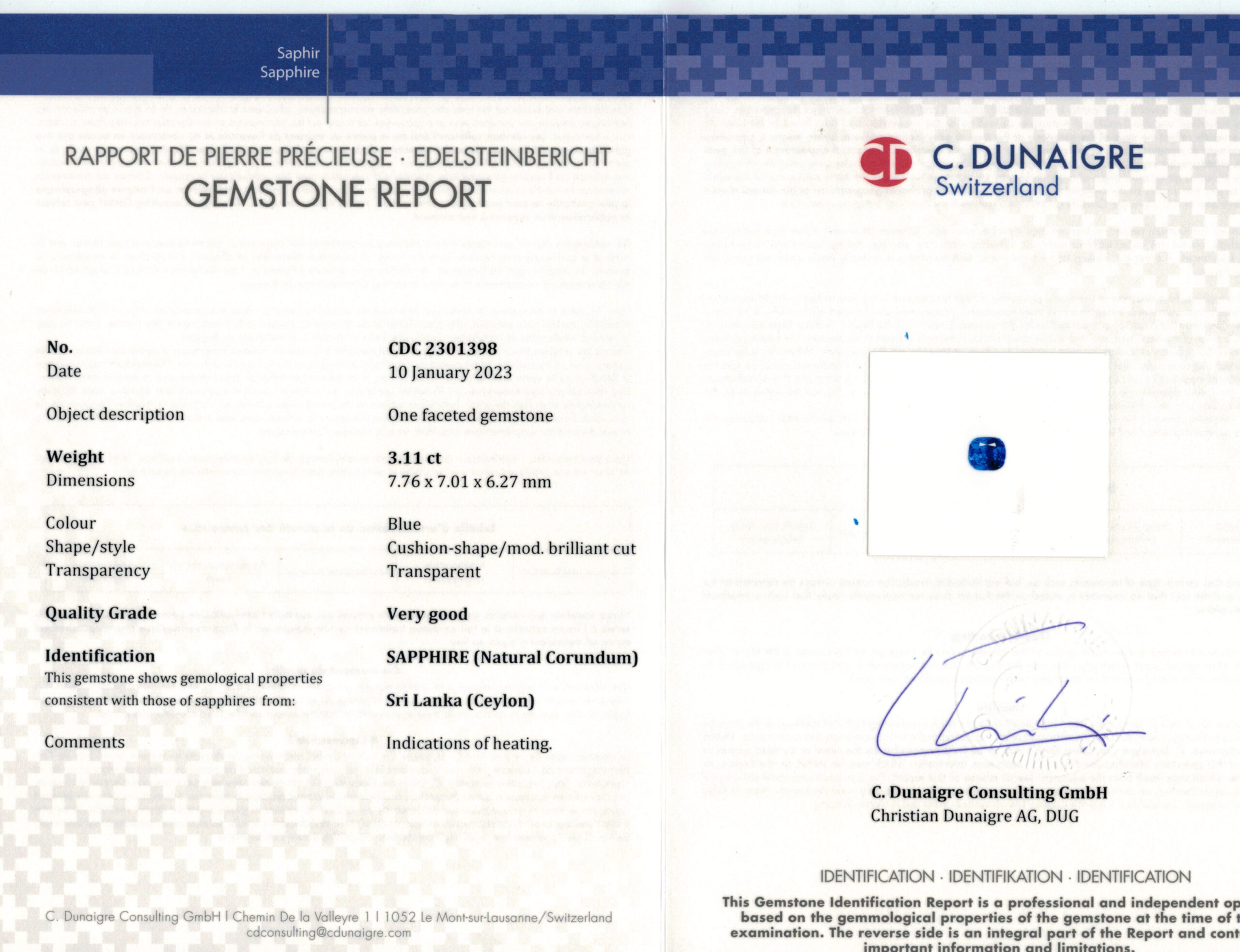 7.76X7.01MM ANTIQUE CUSHION  SRI LANKA SAPPHIRE 3.11CT