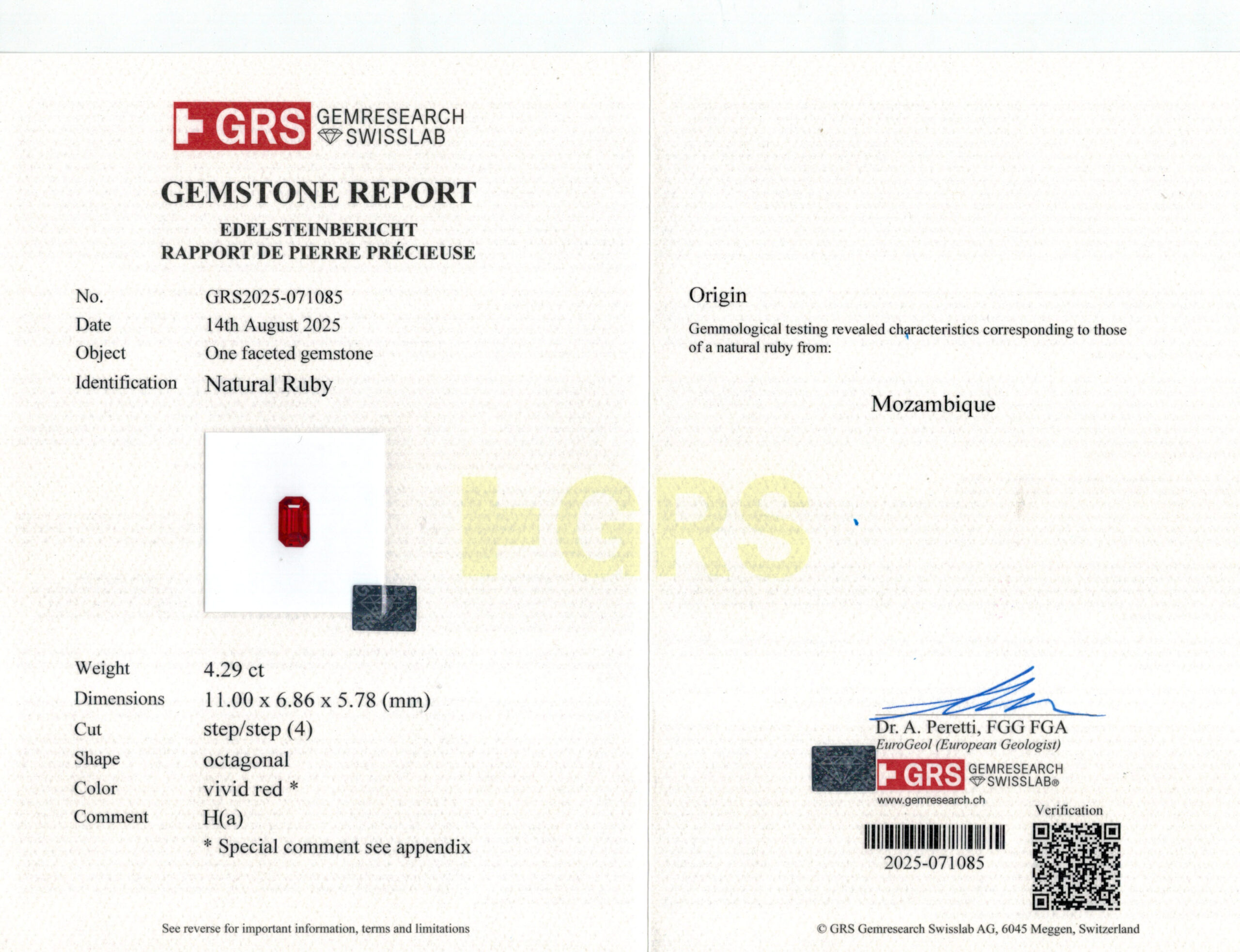 11X6.86MM EMERALD CUT  MOZAMBIQUE RUBY 4.29CT