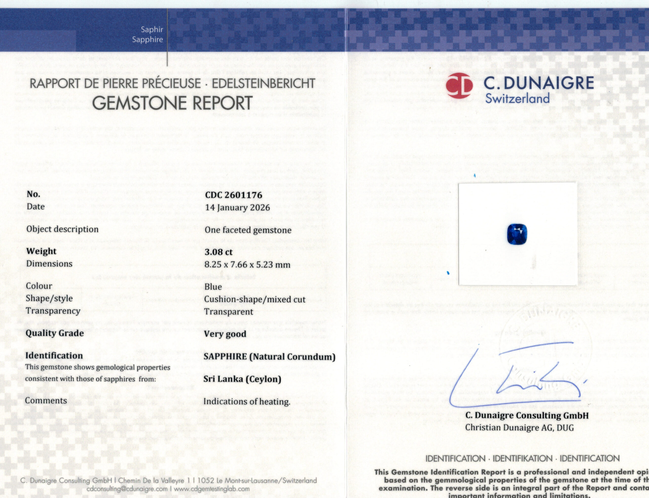 8.25X7.66MM ANTIQUE CUSHION  SRI LANKA SAPPHIRE 3.08CT