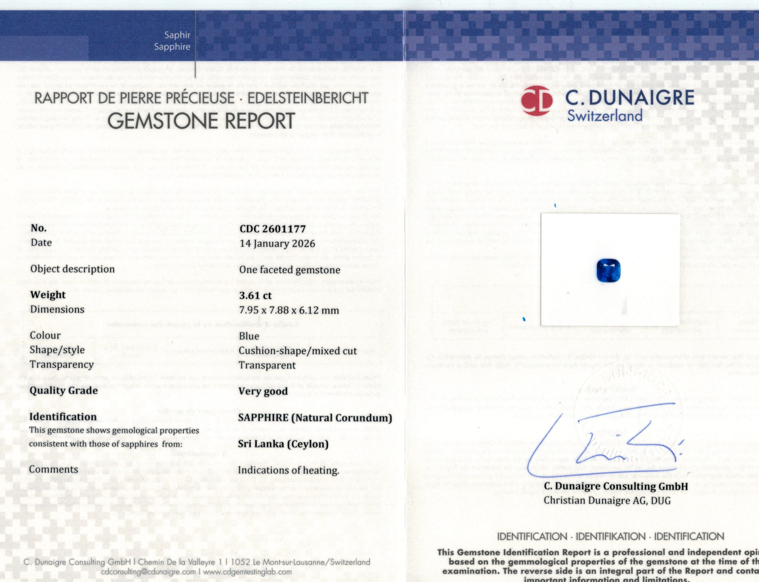 7.95X7.88MM ANTIQUE CUSHION  SRI LANKA SAPPHIRE 3.61CT