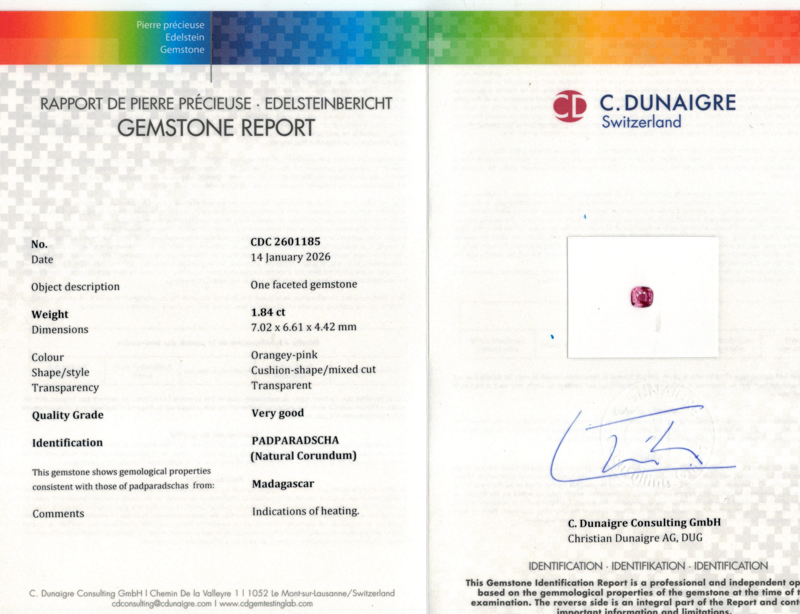 7.02X6.61MM ANTIQUE CUSHION PADPARADSHCA MADAGASCAR SAPPHIRE 1.84CT