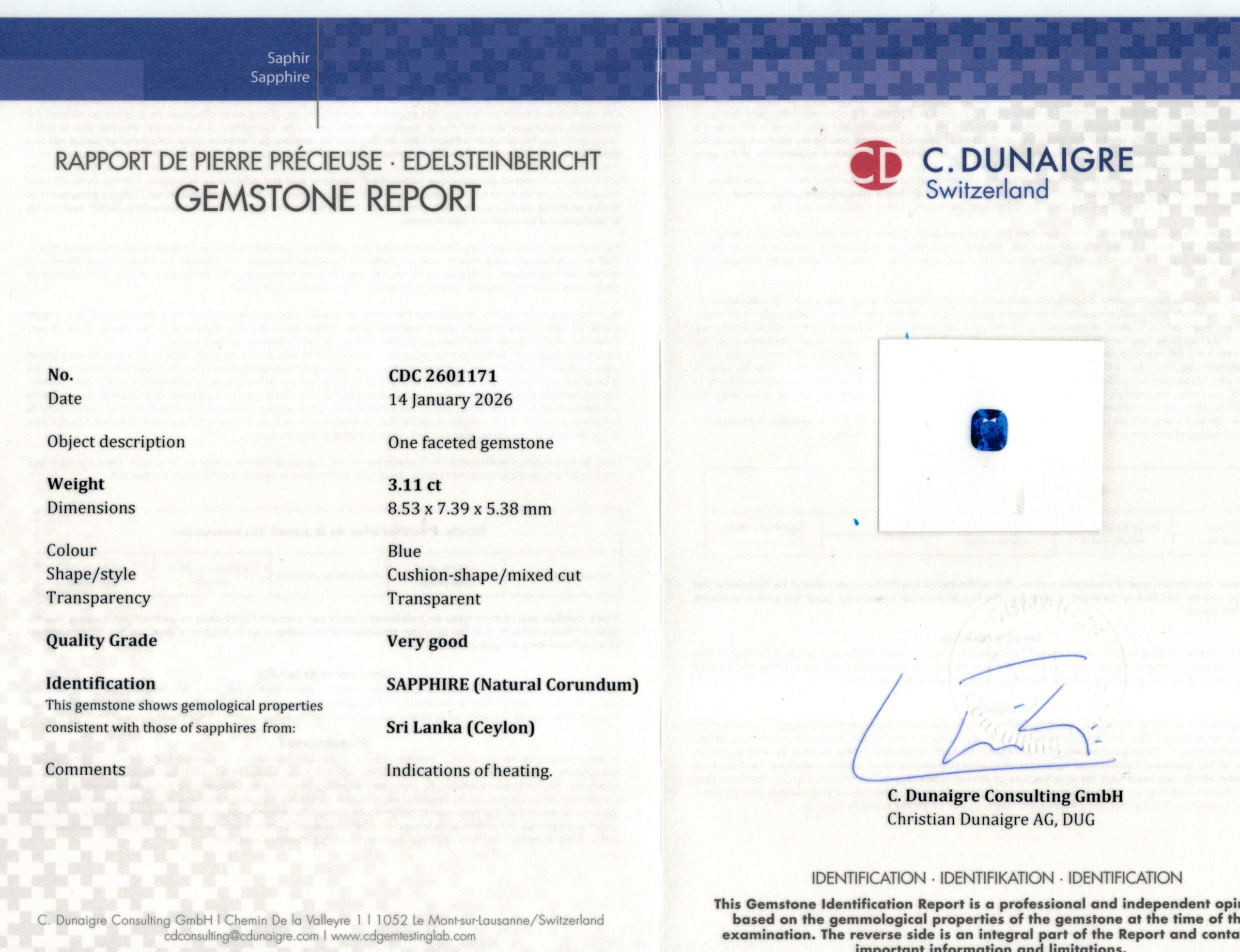 8.53X7.39MM ANTIQUE CUSHION  SRI LANKA SAPPHIRE 3.11CT