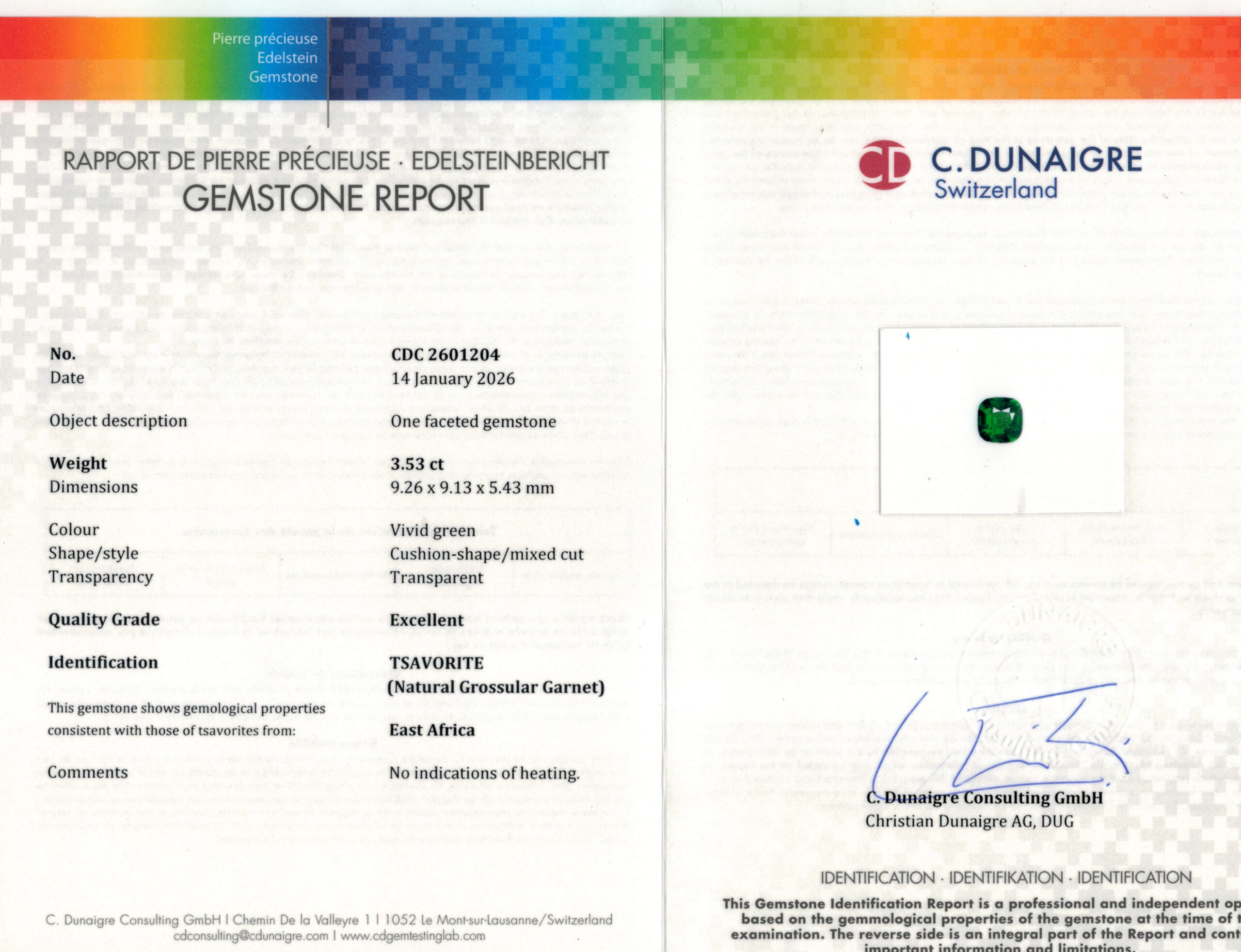 9.26X9.13MM ANTIQUE CUSHION  N/A TSAVORITE 3.53CT