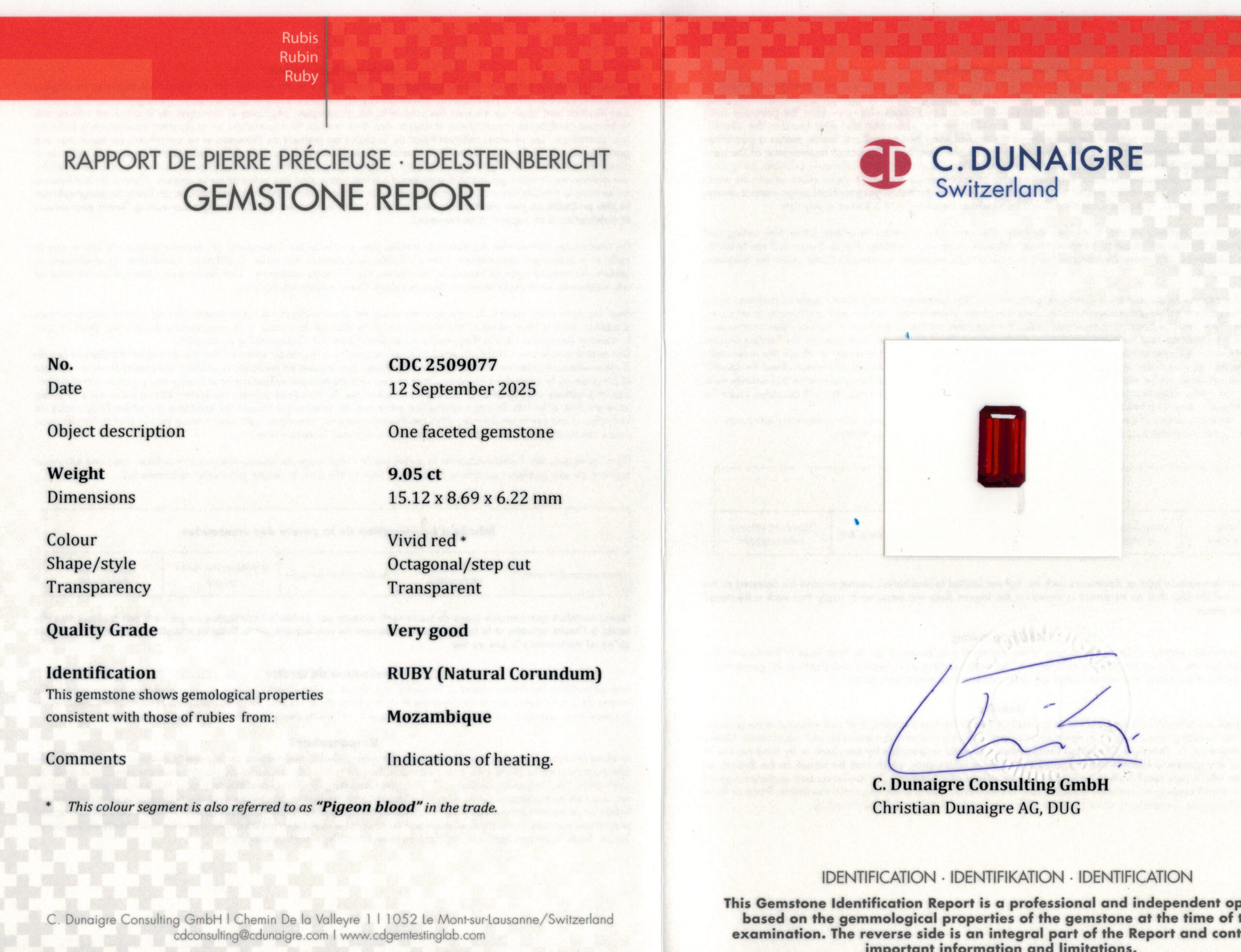 15.12X8.69MM EMERALD CUT  MOZAMBIQUE RUBY 9.05CT