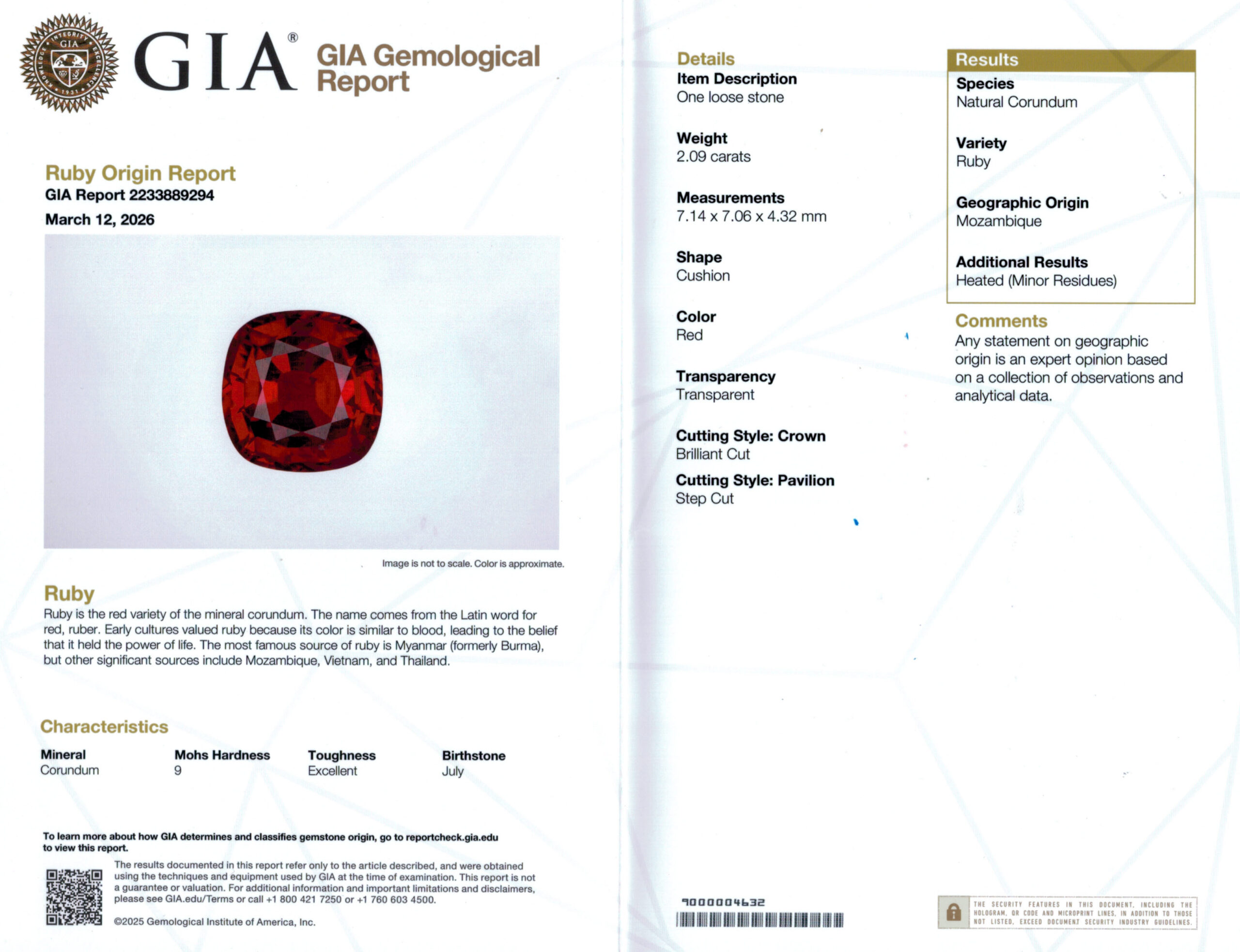 7.14X7.06MM ANTIQUE CUSHION  MOZAMBIQUE RUBY 2.09CT