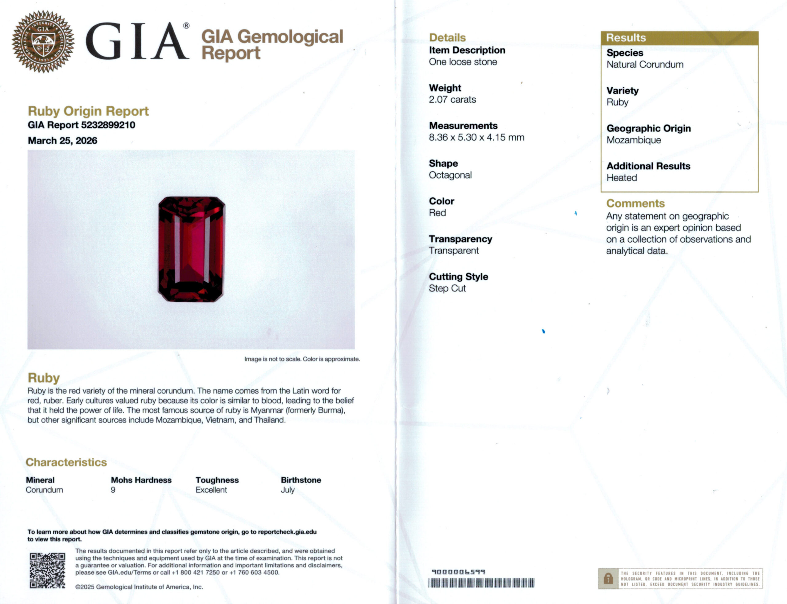 8.4X5.4MM EMERALD CUT  MOZAMBIQUE RUBY 4.10CT