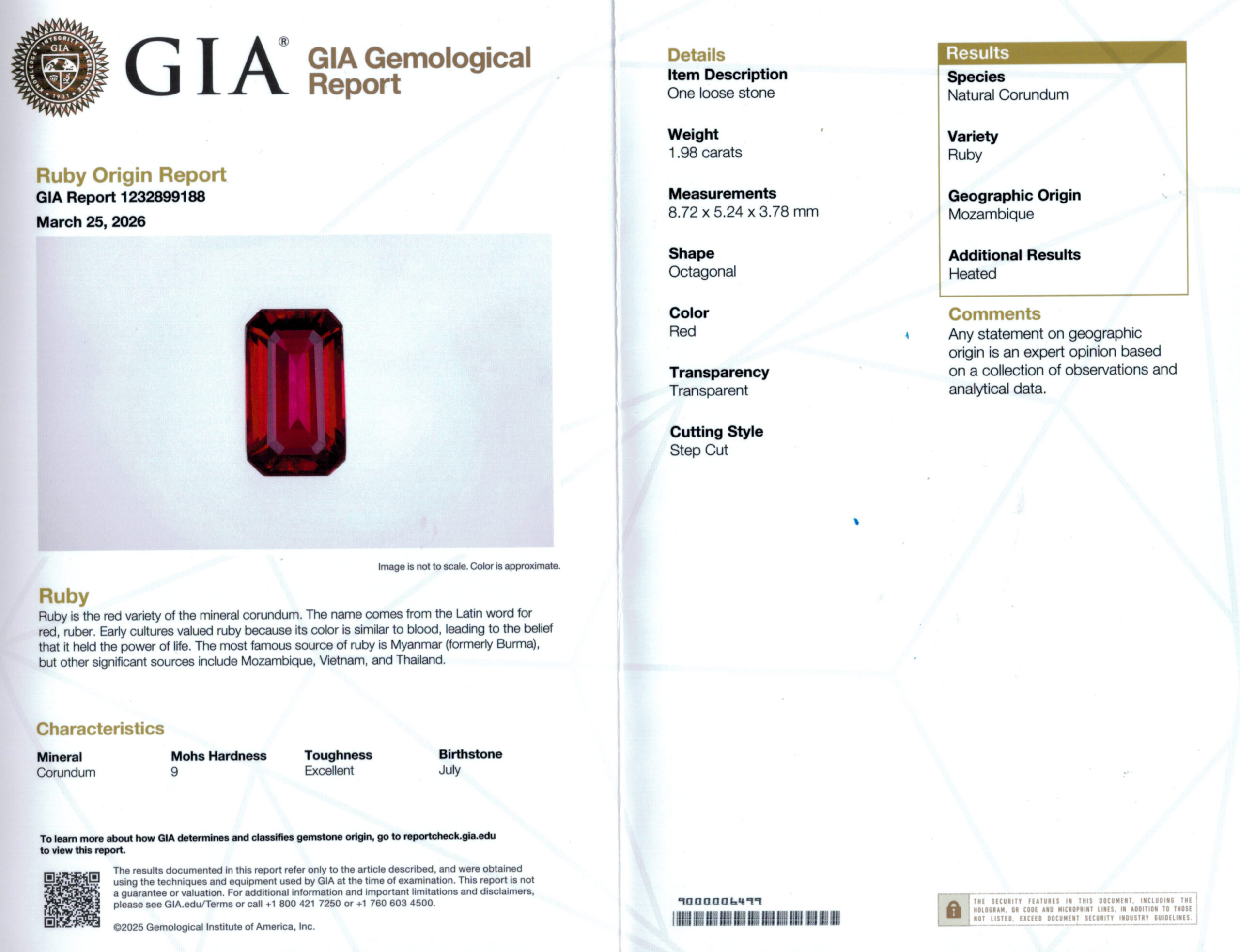 8.7X5.2MM EMERALD CUT  MOZAMBIQUE RUBY 1.98CT