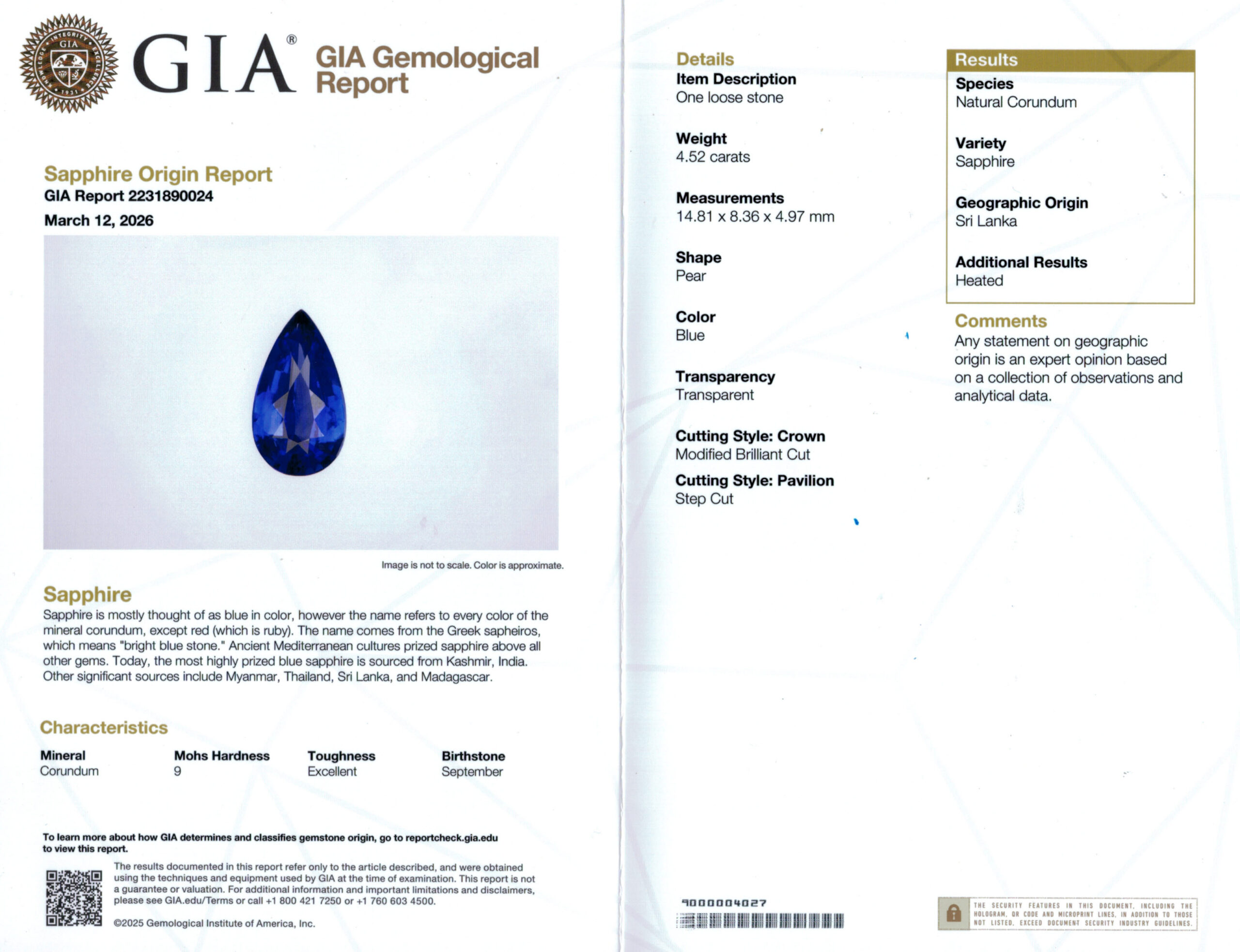 14.81X8.36MM PEAR  SRI LANKA SAPPHIRE 4.52CT