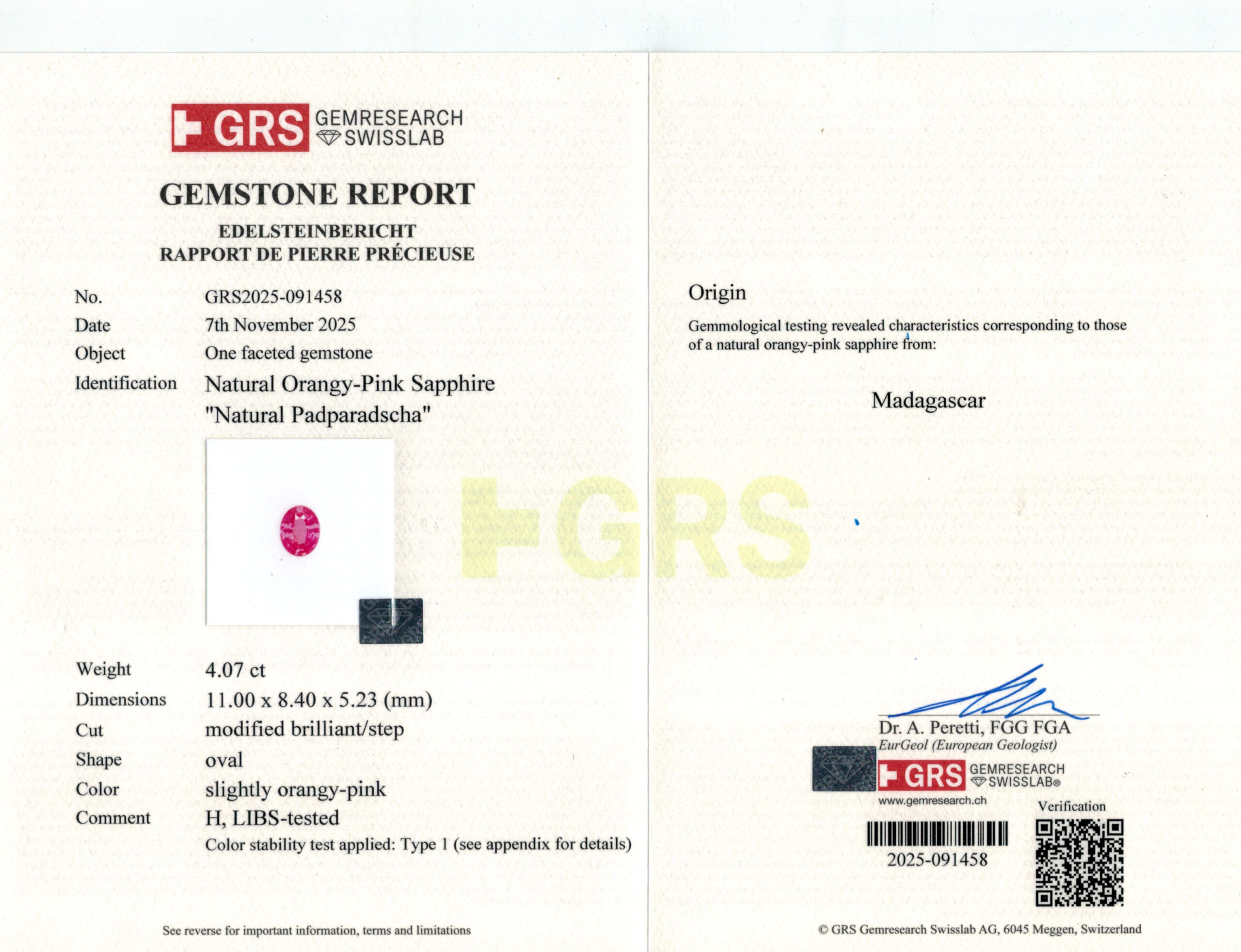 11X8.4MM OVAL PADPARADSHCA MADAGASCAR SAPPHIRE 4.07CT