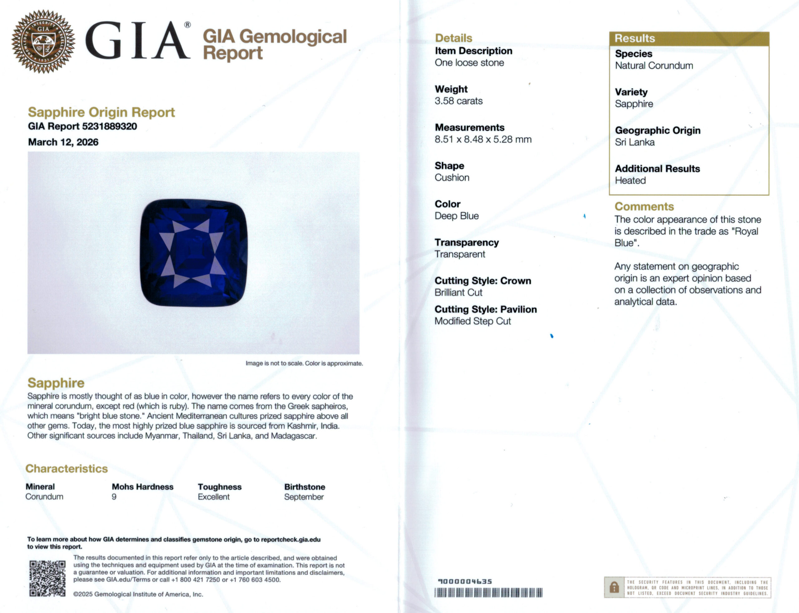 8.51X8.48MM ANTIQUE CUSHION  CEYLON SAPPHIRE 3.58CT