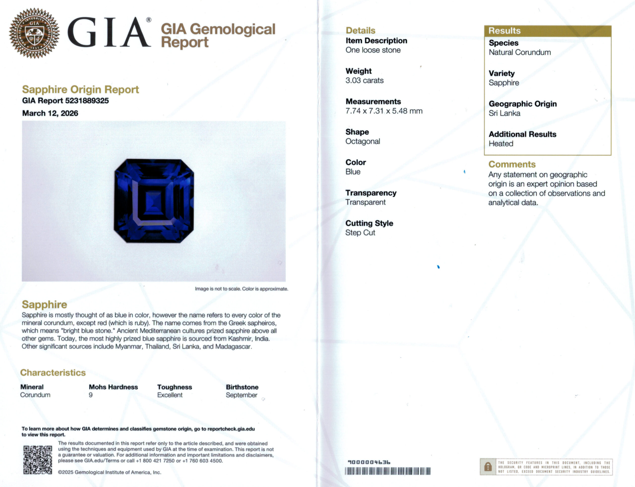 7.74X7.31MM EMERALD CUT  SRI LANKA SAPPHIRE 3.03CT