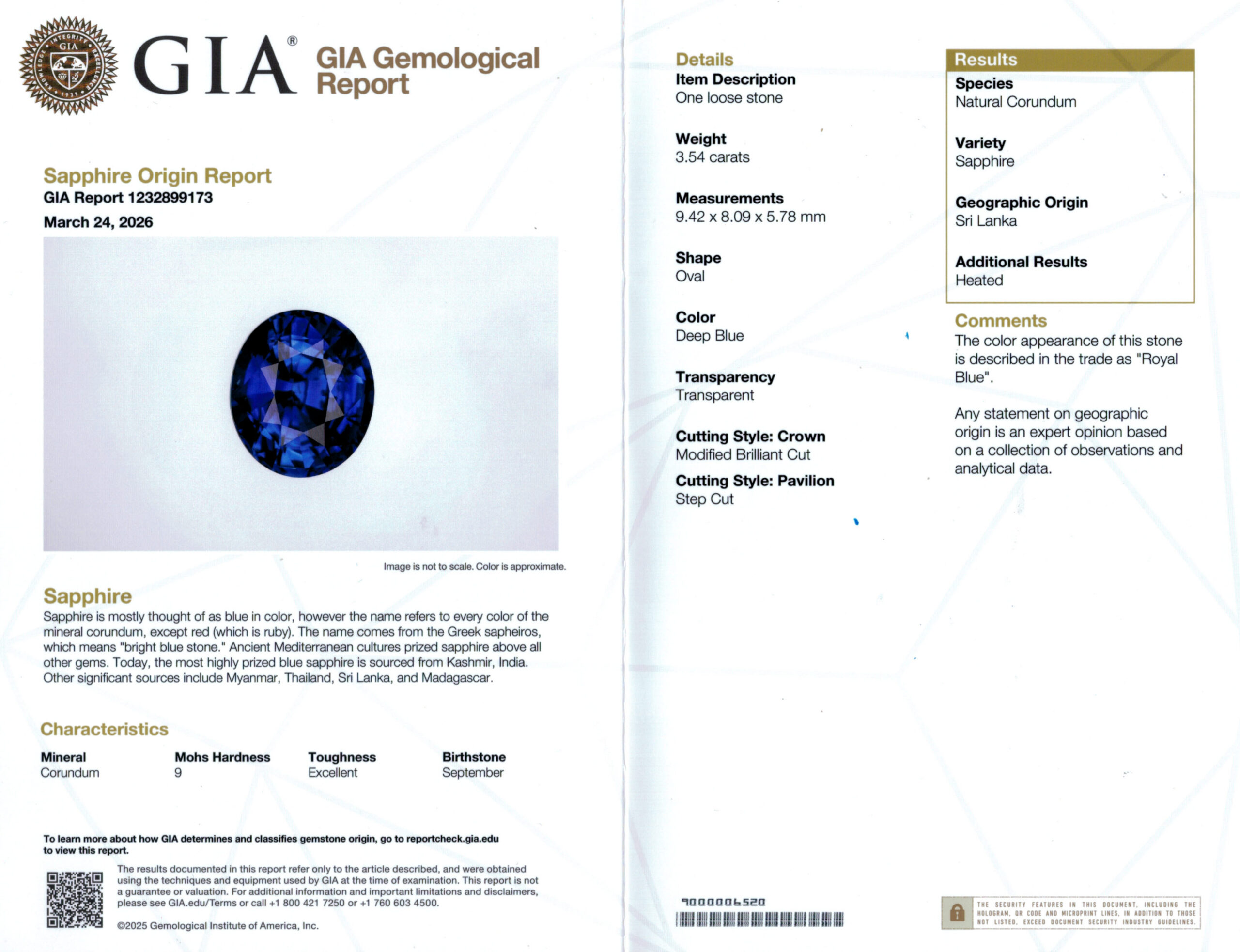 9.4X8MM OVAL  SRI LANKA SAPPHIRE 6.68CT