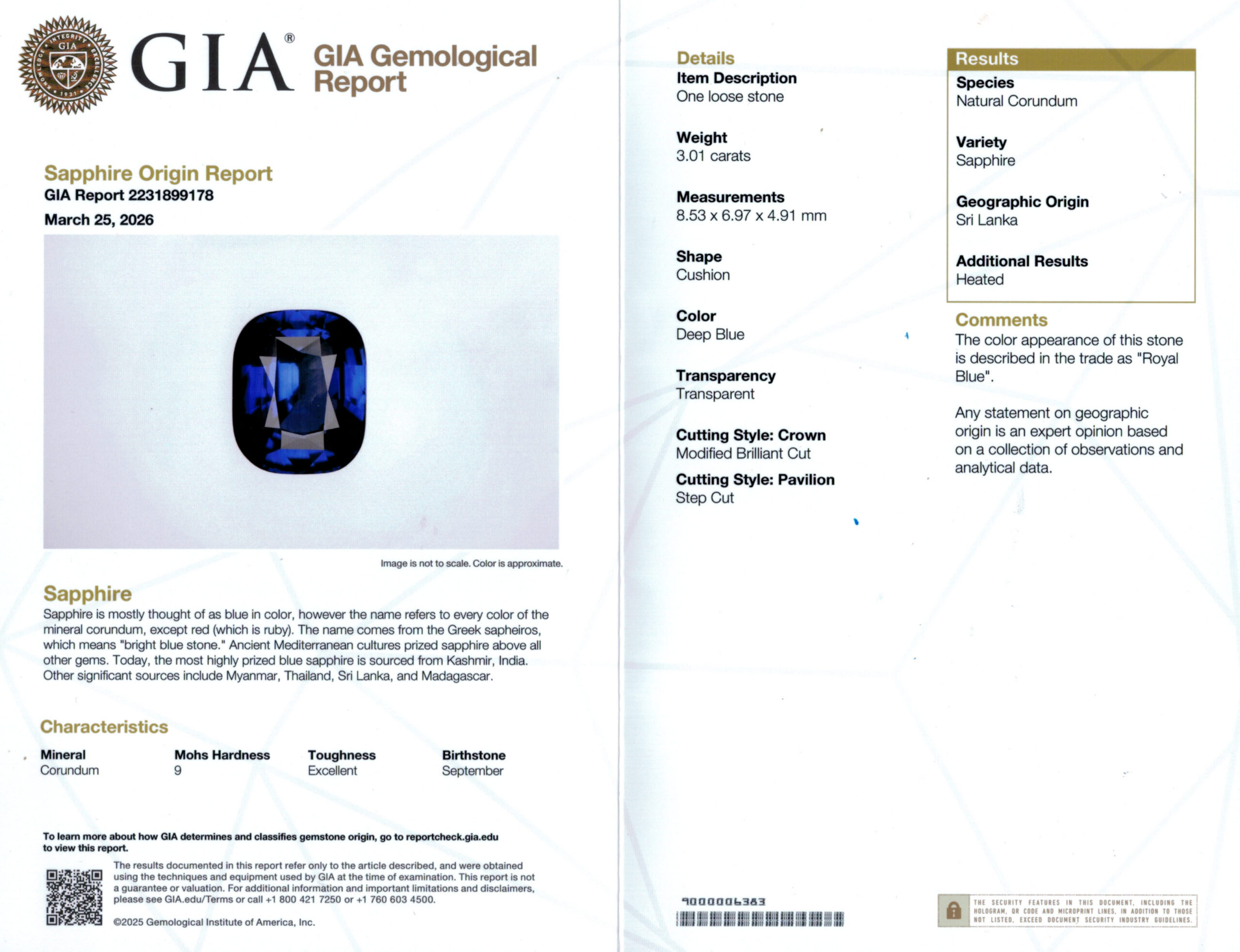 8.5X6.9MM ANTIQUE CUSHION  SRI LANKA SAPPHIRE 6.05CT