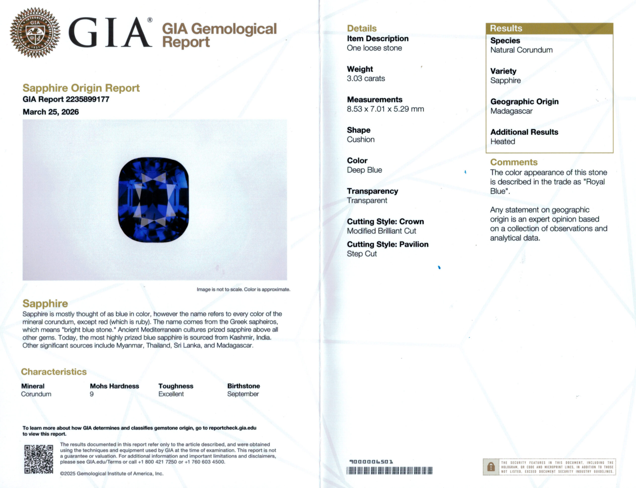 8.5X6.9MM ANTIQUE CUSHION  SRI LANKA SAPPHIRE 6.05CT