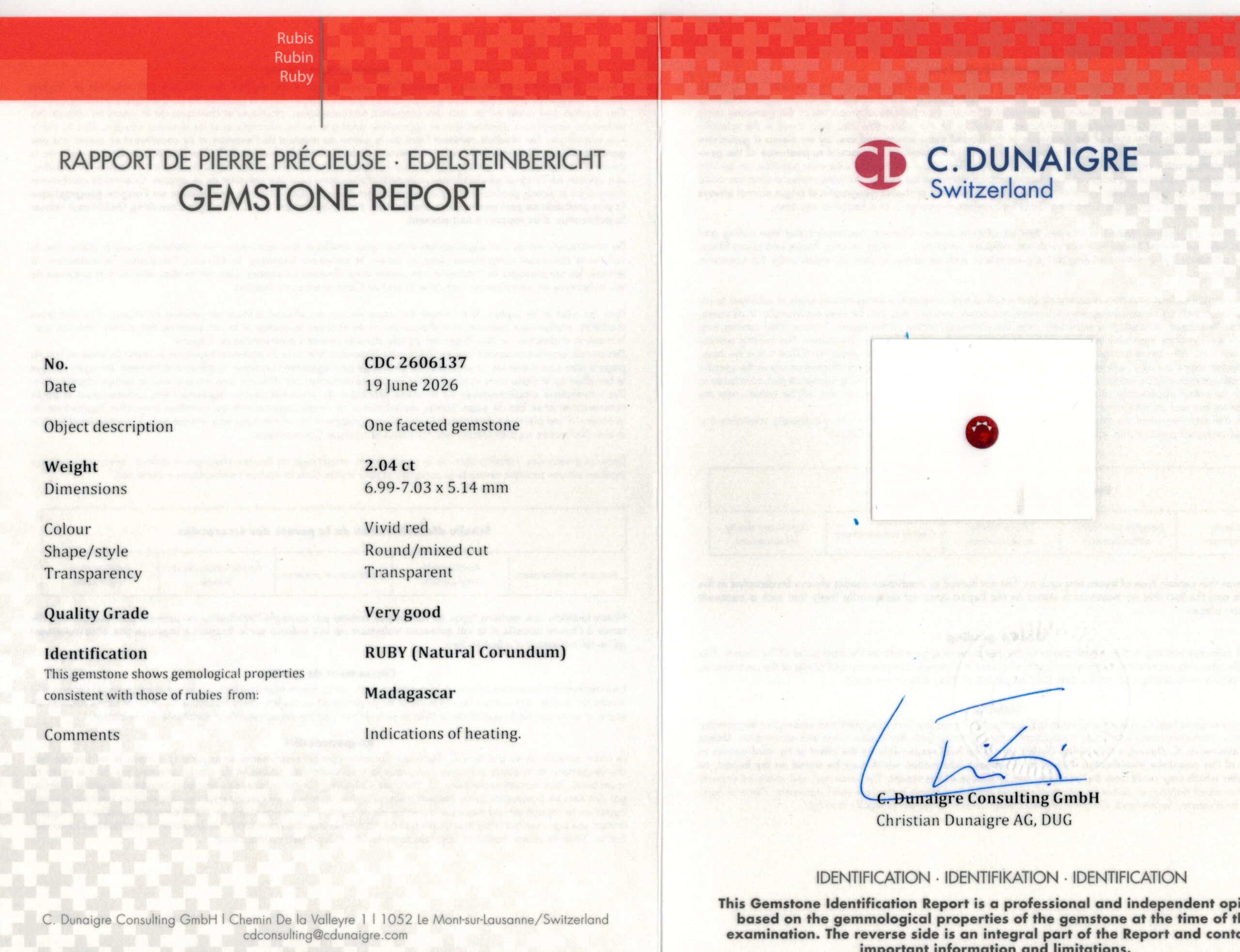 6.99X7.03MM ROUND  MADAGASCAR RUBY 2.04CT